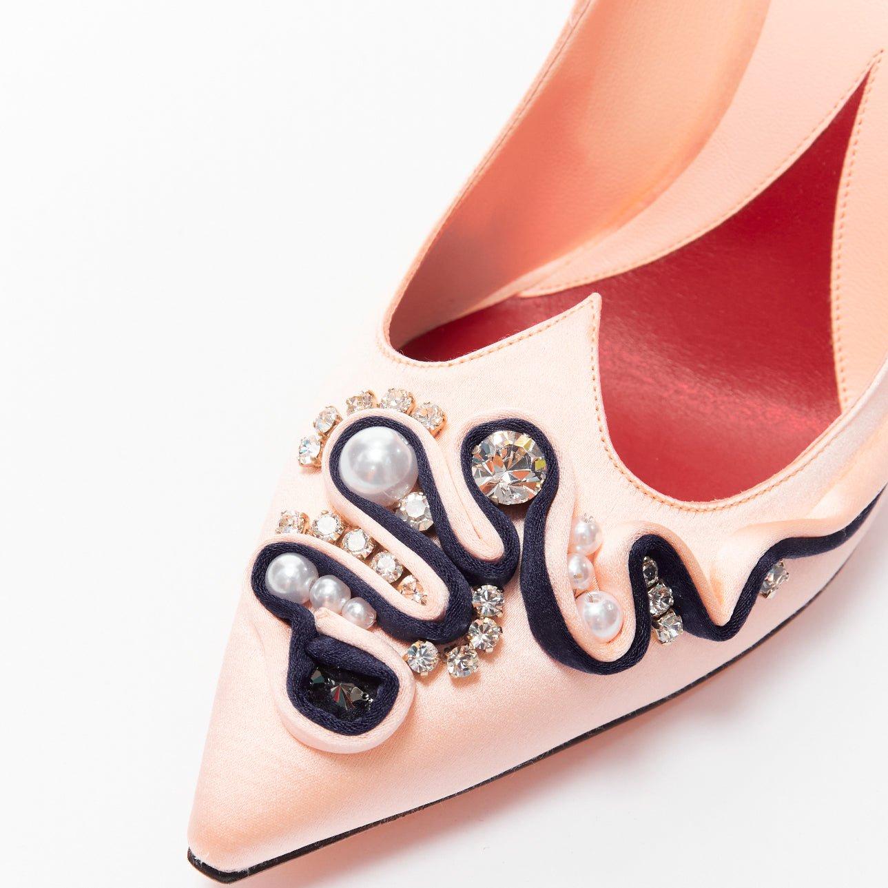 ROGER VIVIER Viv Couture pink navy pearl crystal ribbon heel pump EU40 2