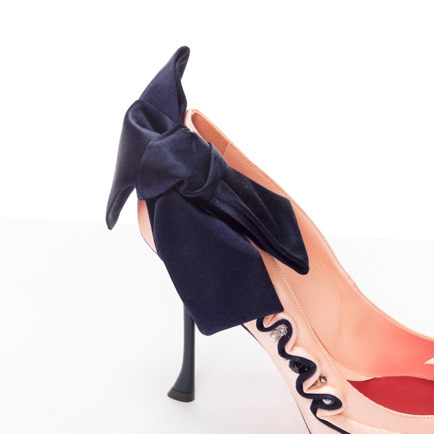 ROGER VIVIER Viv Couture pink navy pearl crystal ribbon heel pump EU40 3