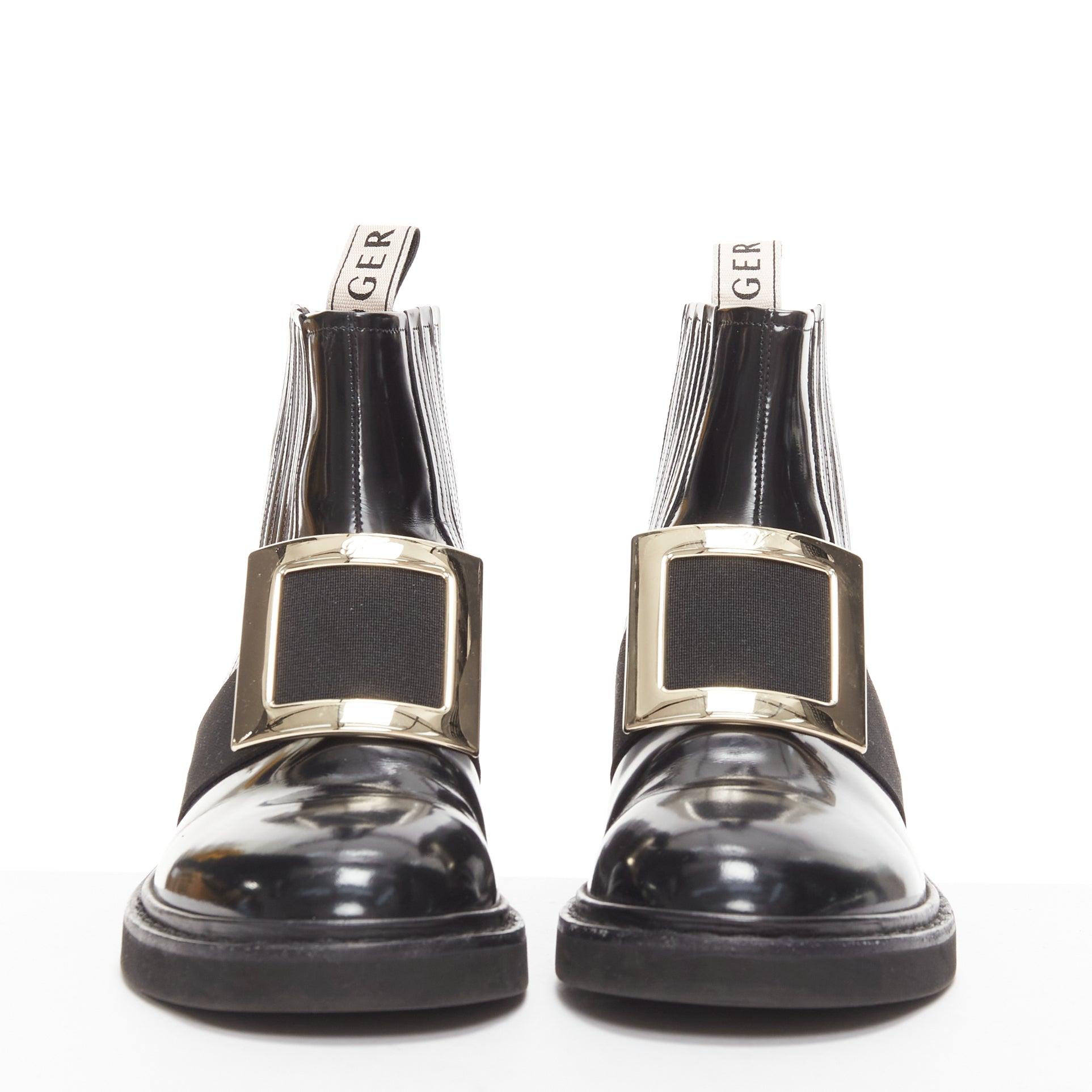 ROGER VIVIER Viv Rangers black leather silver logo buckle ankle boots EU35.5 In Good Condition For Sale In Hong Kong, NT
