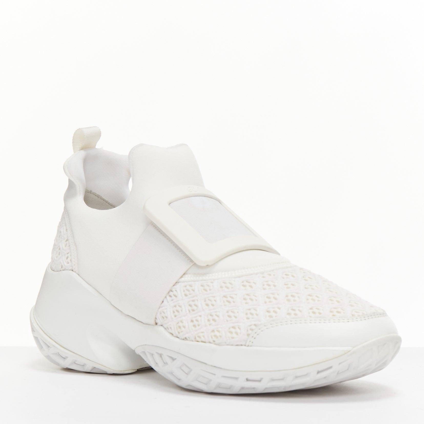 ROGER VIVIER Viv Run white RV rubber buckle mesh front chunky sneakers EU39
Reference: AAWC/A01166
Brand: Roger Vivier
Model: Viv Run
Material: Mesh, Rubber
Color: White
Pattern: Lace
Closure: Slip On
Lining: White Leather
Extra Details: When