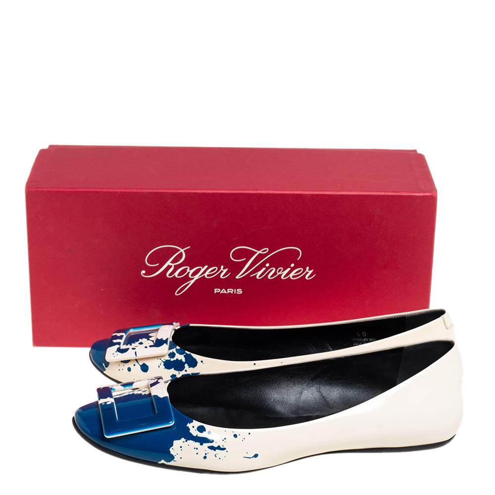 Roger Vivier White/Blue Splash Patent Leather Ballet Flats Size 40 1