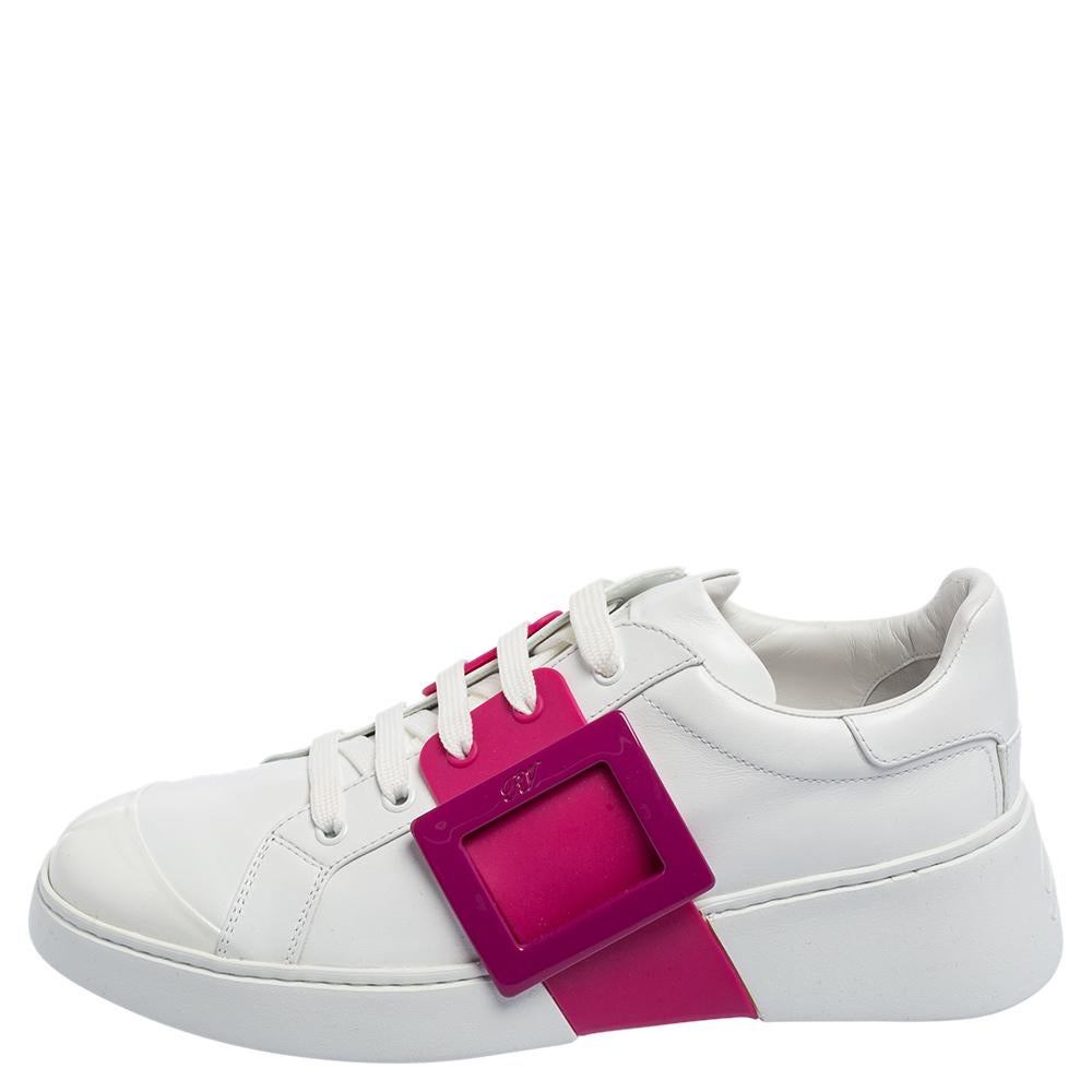 Gray Roger Vivier White/Pink Leather And Rubber Viv Skate Sneakers Size 40