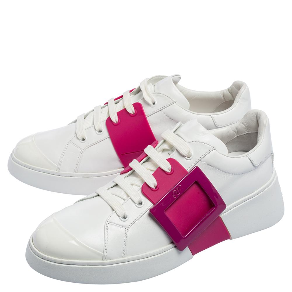 Women's Roger Vivier White/Pink Leather And Rubber Viv Skate Sneakers Size 40