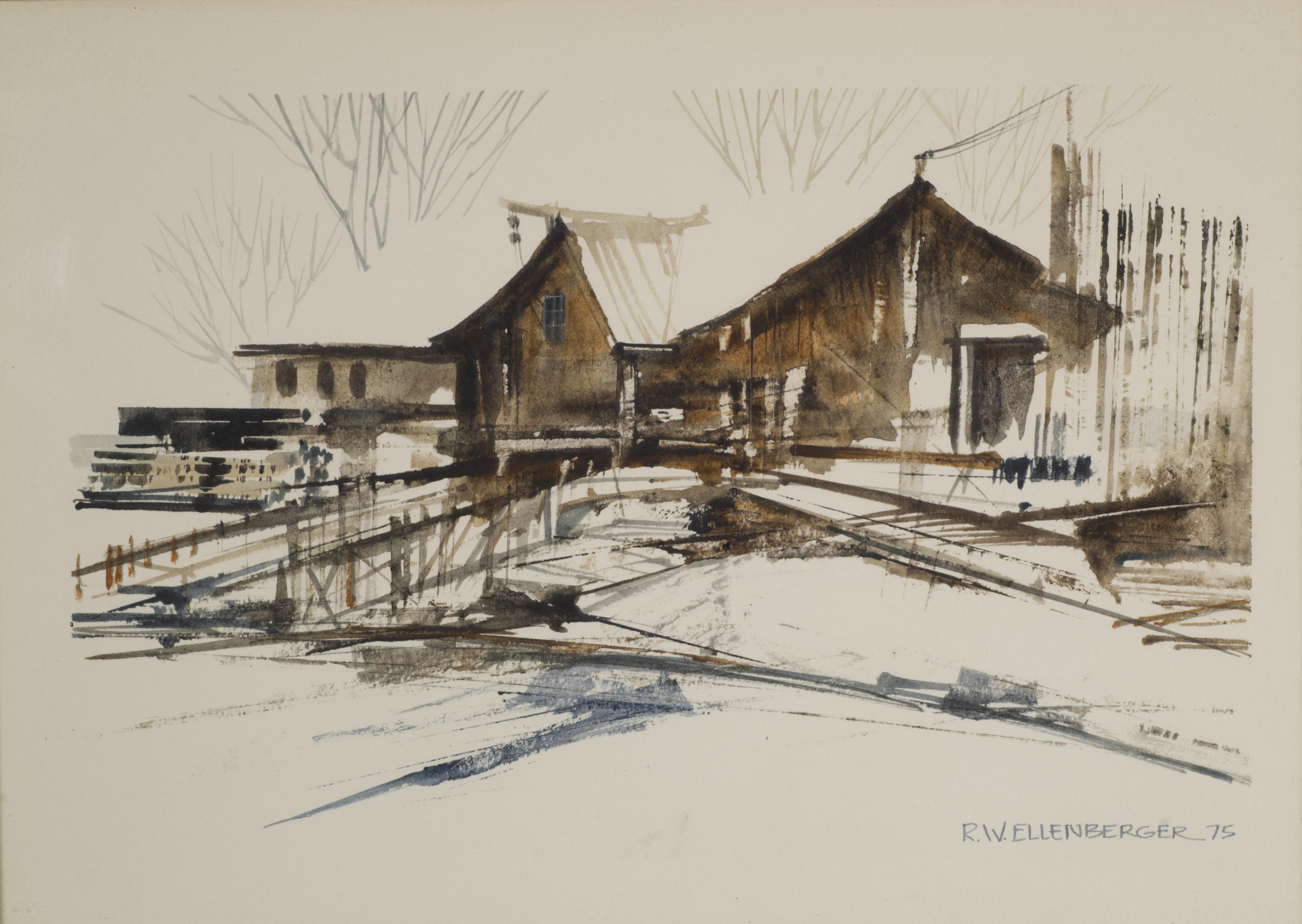  Vintage original painting by the listed artist Roger W Ellenberger features graphic Modernist interpretation of a rural building in country landscape in muted grey, brown, and navy-blue palette. The acrylic on paper painting is titled 