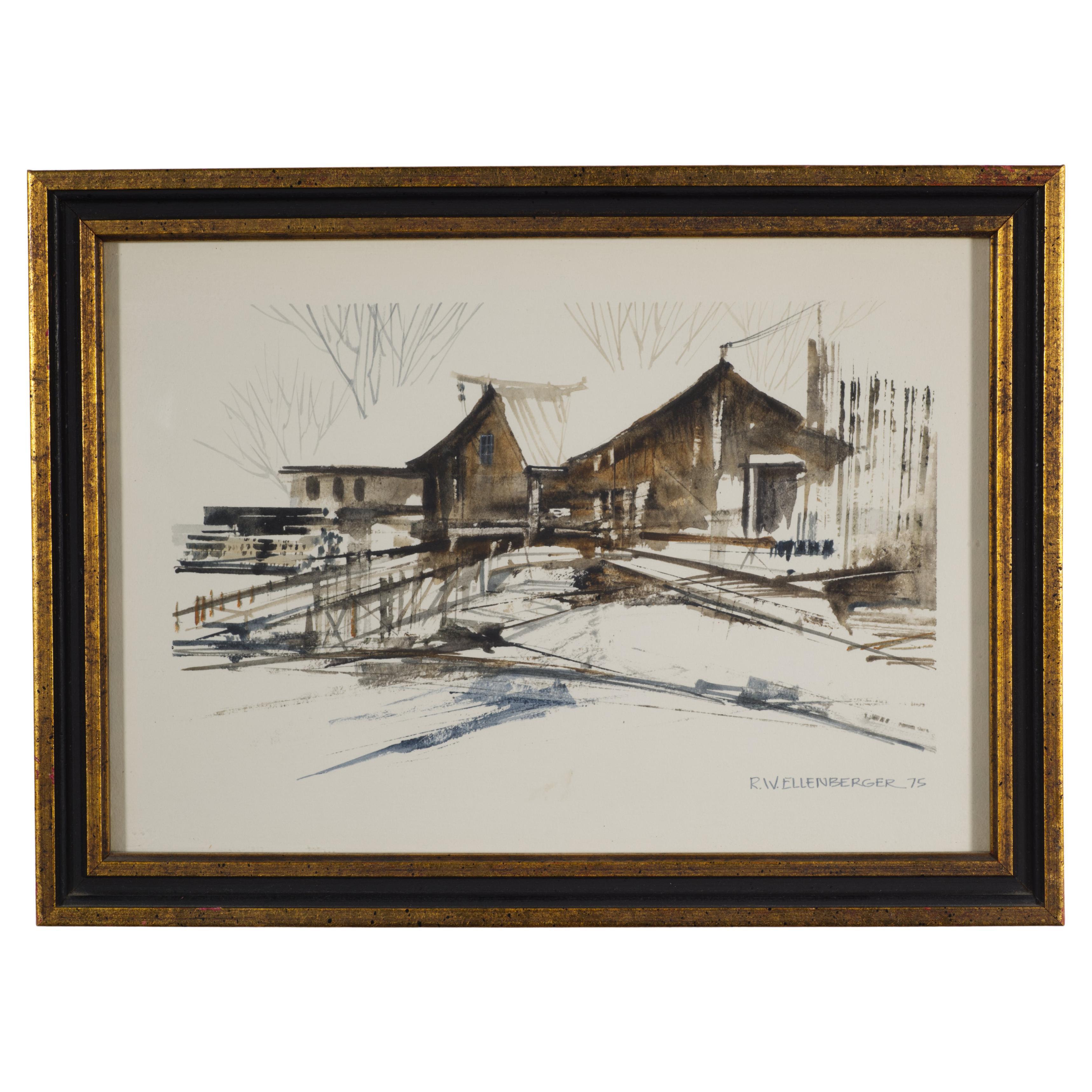 Roger W. Ellenberger "Molino de invierno" Acrílico sobre papel, enmarcado, 1975