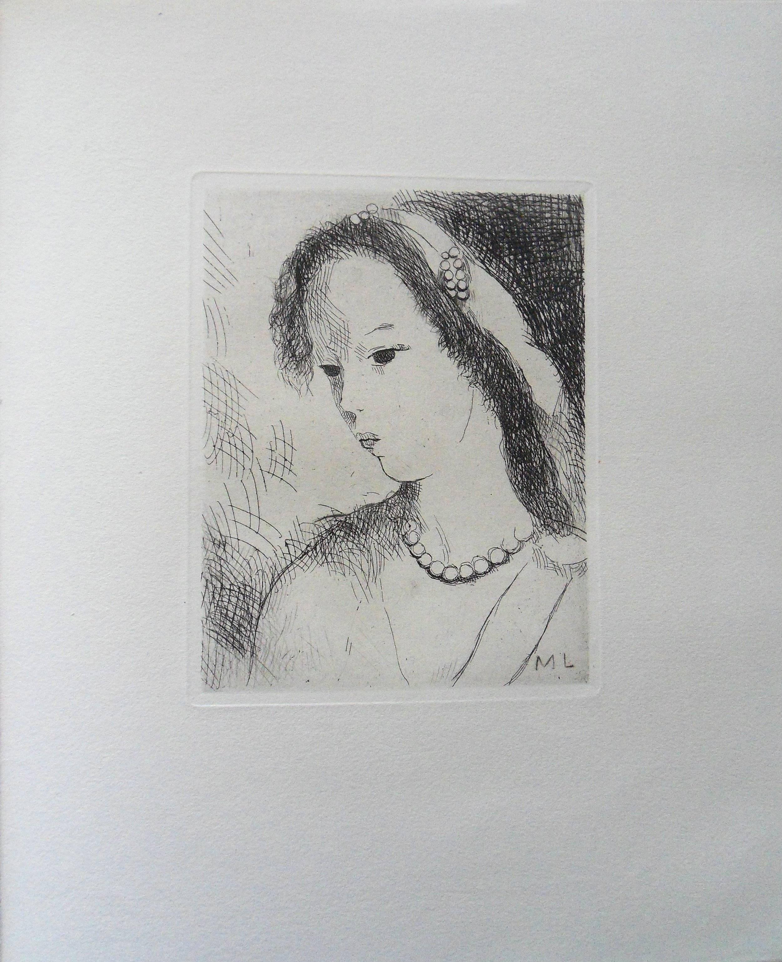 Junges Mädchen mit Perlenkette - Original-Radierung, 1943 (Moderne), Print, von Marie Laurencin