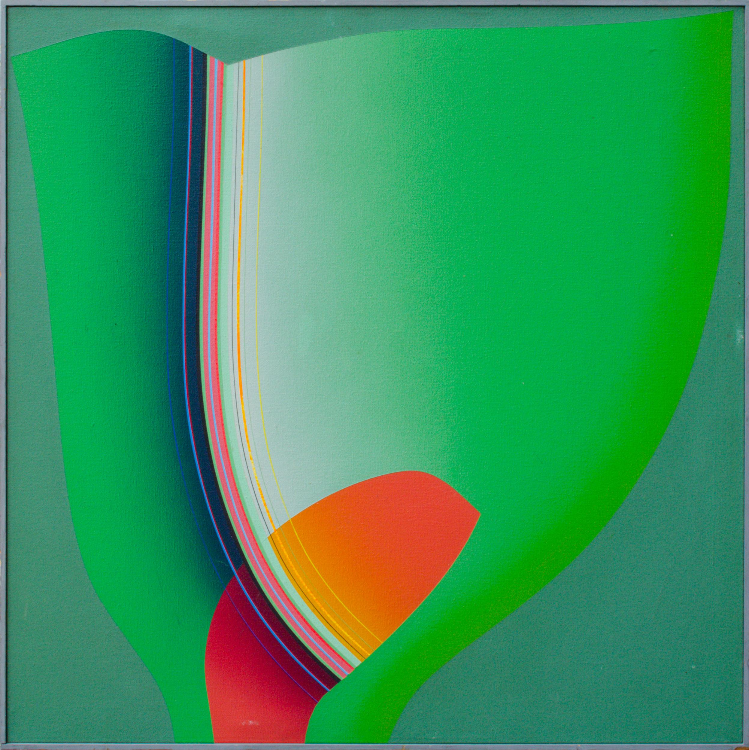 Roger Williams (b. 1945)
Untitled
Oil on canvas
32 1/2 x 32 1/2 in.
Framed: 33 1/4 x 33 in.
Signed and dated verso: Roger Williams 74

Roger Williams was an American artist that worked in an abstracted geometric style (not to be confused with the