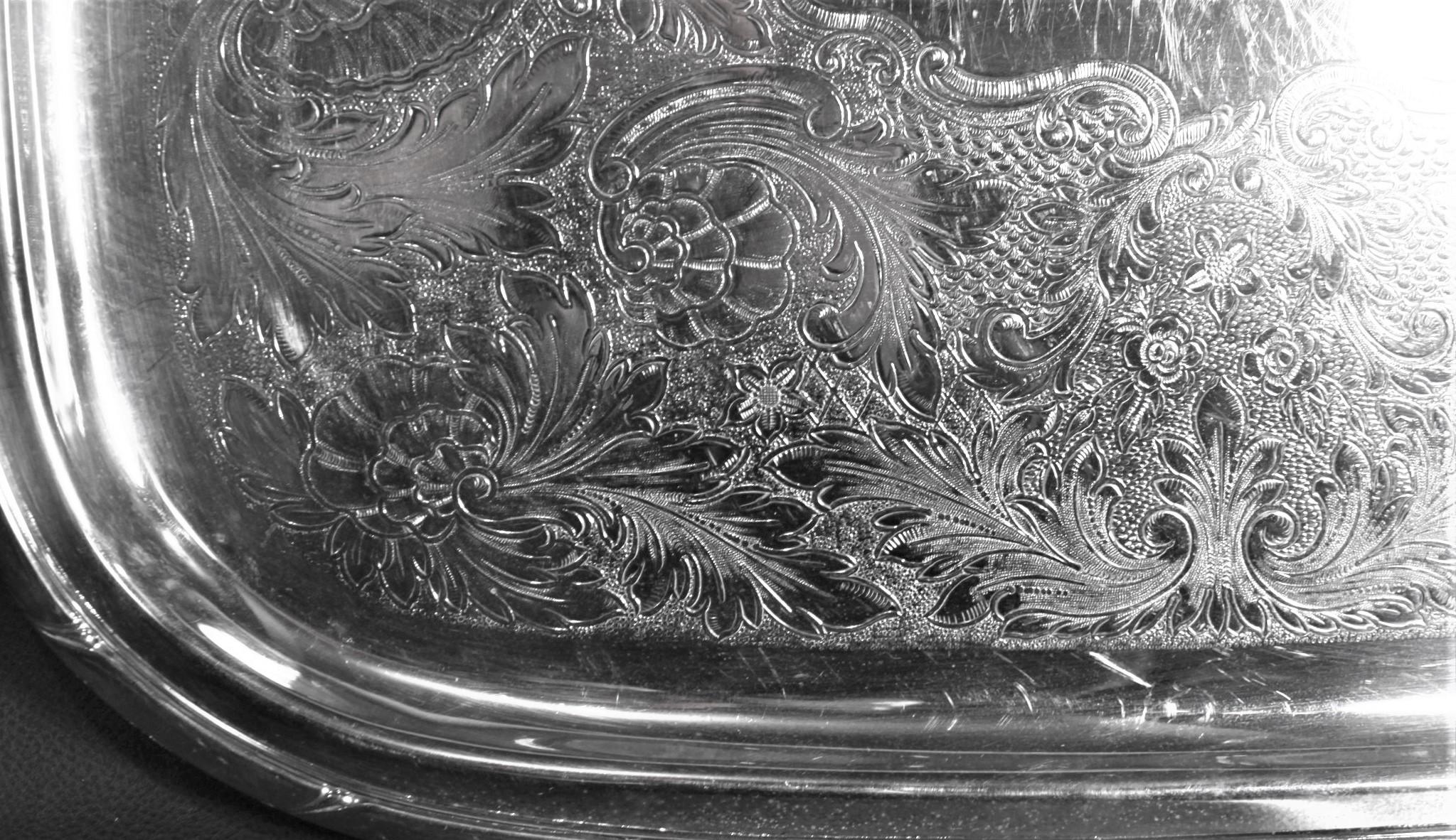 Copper Rogers Antique Styled Silver Plated Engraved Serving Tray For Sale