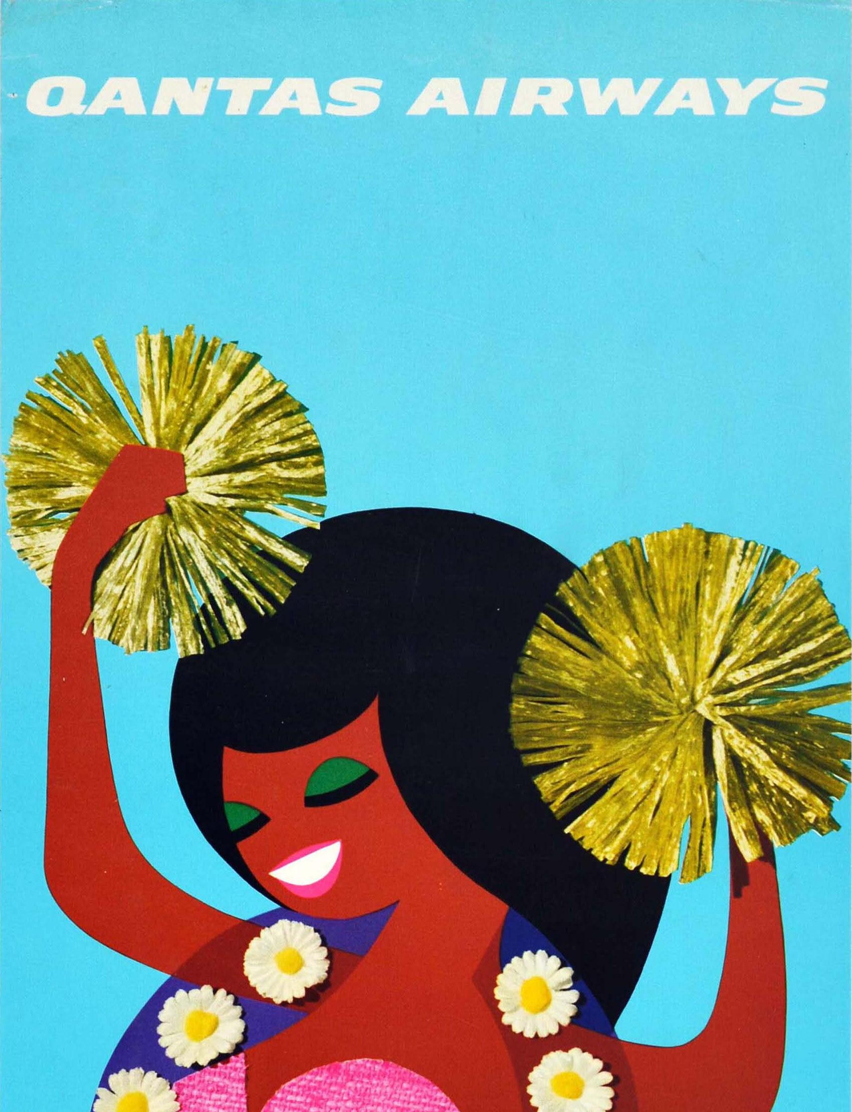 Poster di viaggio originale d'epoca della compagnia aerea South Pacific Qantas Airways Collage Art - Print di Rogers-Galbraith