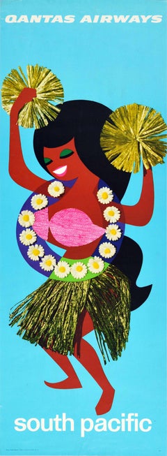 Poster di viaggio originale d'epoca della compagnia aerea South Pacific Qantas Airways Collage Art
