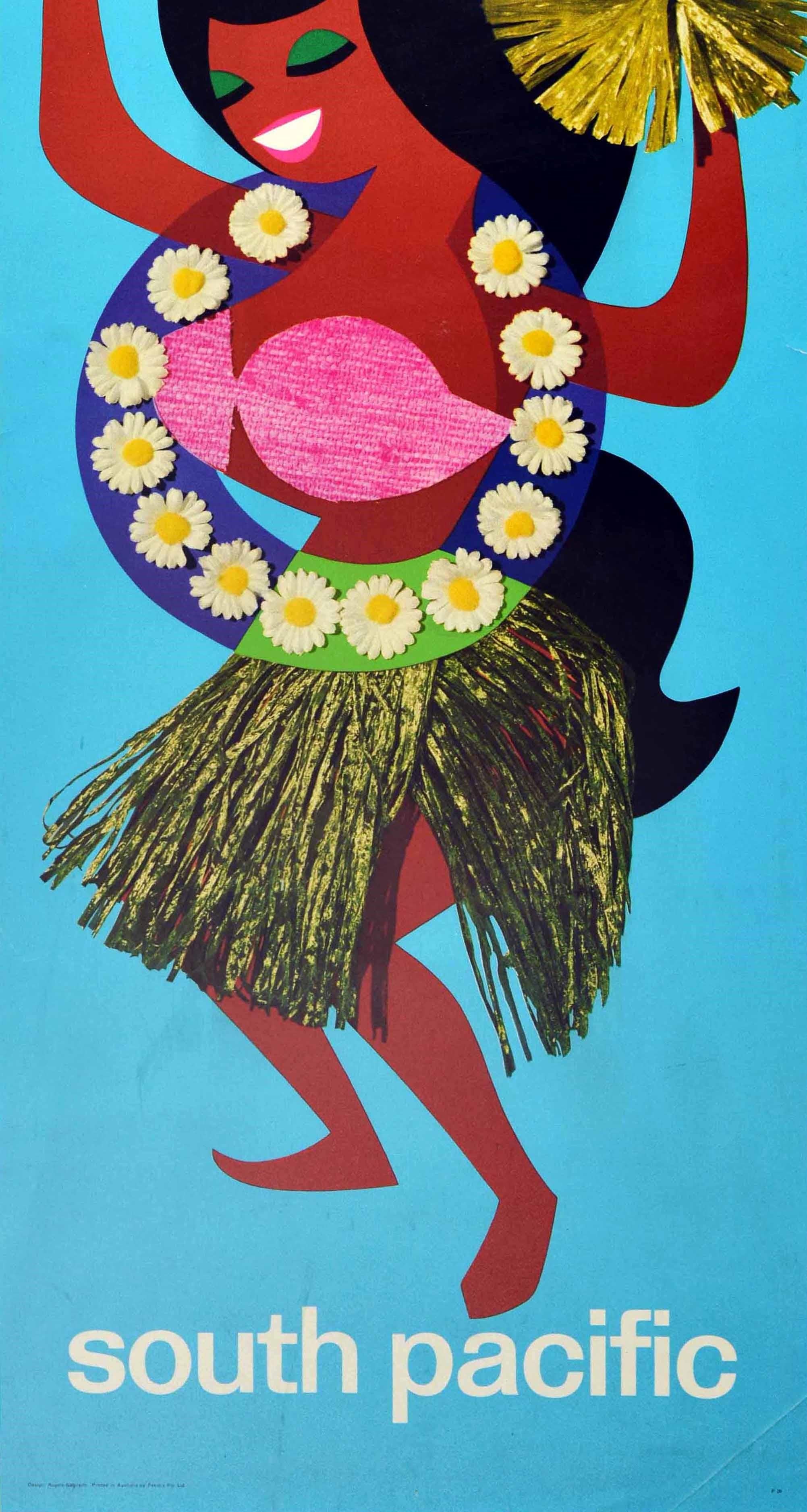 Original Vintage Travel Poster Qantas Airways South Pacific Dancer Daisy Flowers - Print Beige de Rogers Galbraith