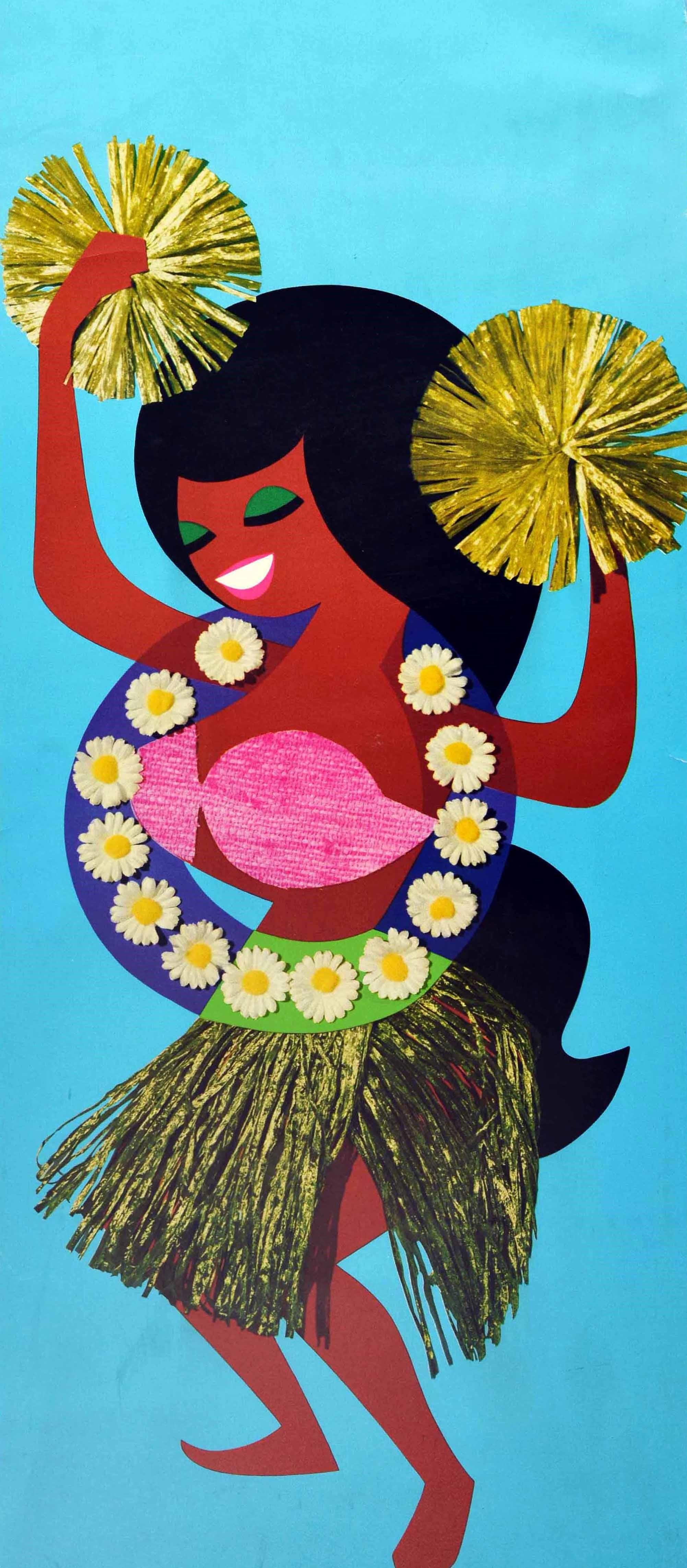 Cartel de viaje original de época - Qantas Airways South Pacific - con un colorido diseño estilo collage que muestra a una sonriente dama de largo pelo negro con sombra de ojos verde, con una falda tradicional de hierba y la parte superior de un