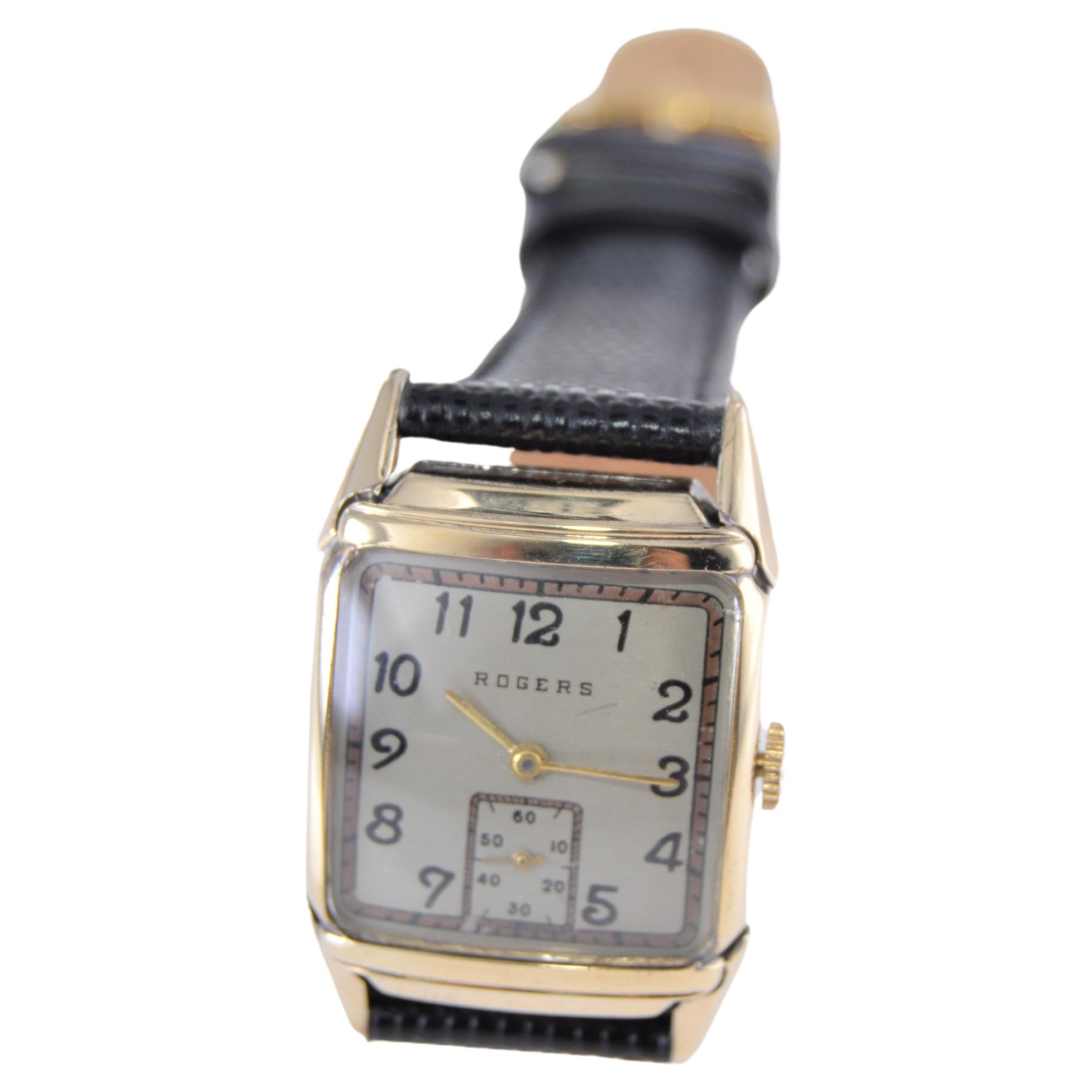 Rogers Gold Filled Art Deco Tank Style Watch with Original Dial 1940's In Excellent Condition In Long Beach, CA