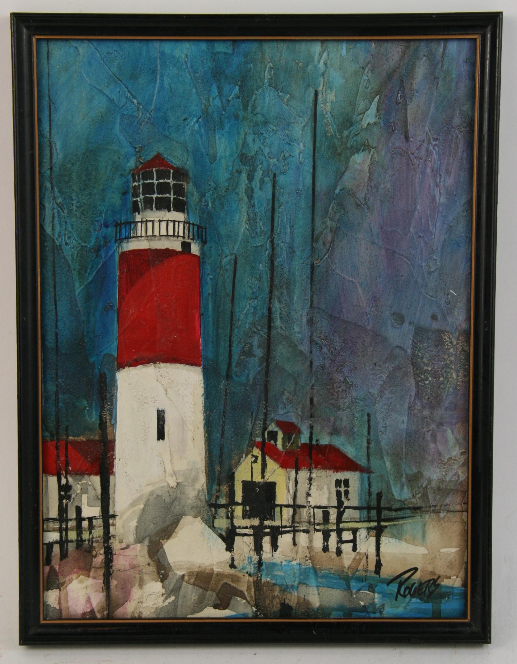 Rogers Landscape Painting - Vintage American East Coast Lighthouse Seascape Landscape Oil Painting 1960
