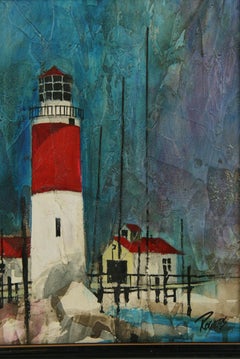 Vintage American East Coast Lighthouse Seascape Landscape Oil Painting 1960