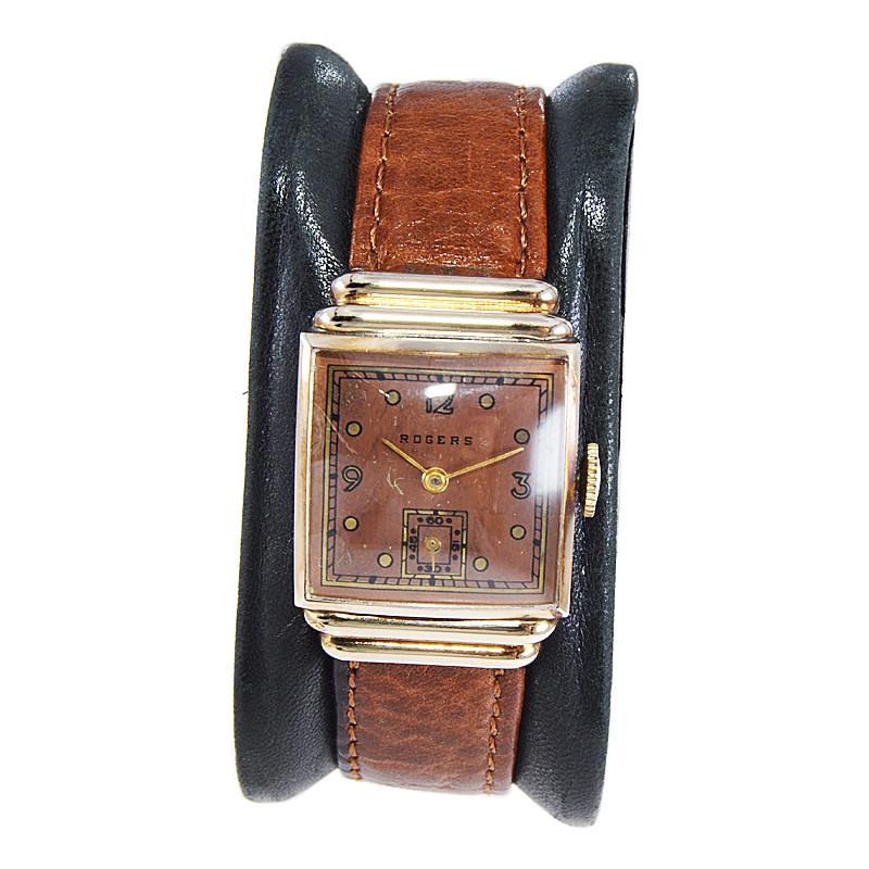 FACTORY / HOUSE: Rogers Watch Company
STYLE / REFERENCE: Art Deco / Tank Style
METAL / MATERIAL: Rose Gold Filled 
CIRCA / YEAR: 1940's
DIMENSIONS / SIZE: Length 32mm x Width 24mm
MOVEMENT / CALIBER: Manual Winding / 7 Jewels 
DIAL / HANDS: Original