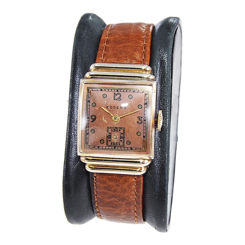 Rogers Rose Gold Filled Art Deco Wristwatch Made in Switzerland Circa 1940's In Excellent Condition In Long Beach, CA