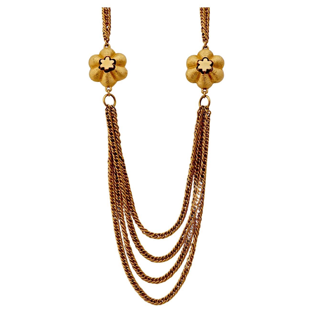 Roget Gold Plated Multi Strand Chain Flower Necklace For Sale