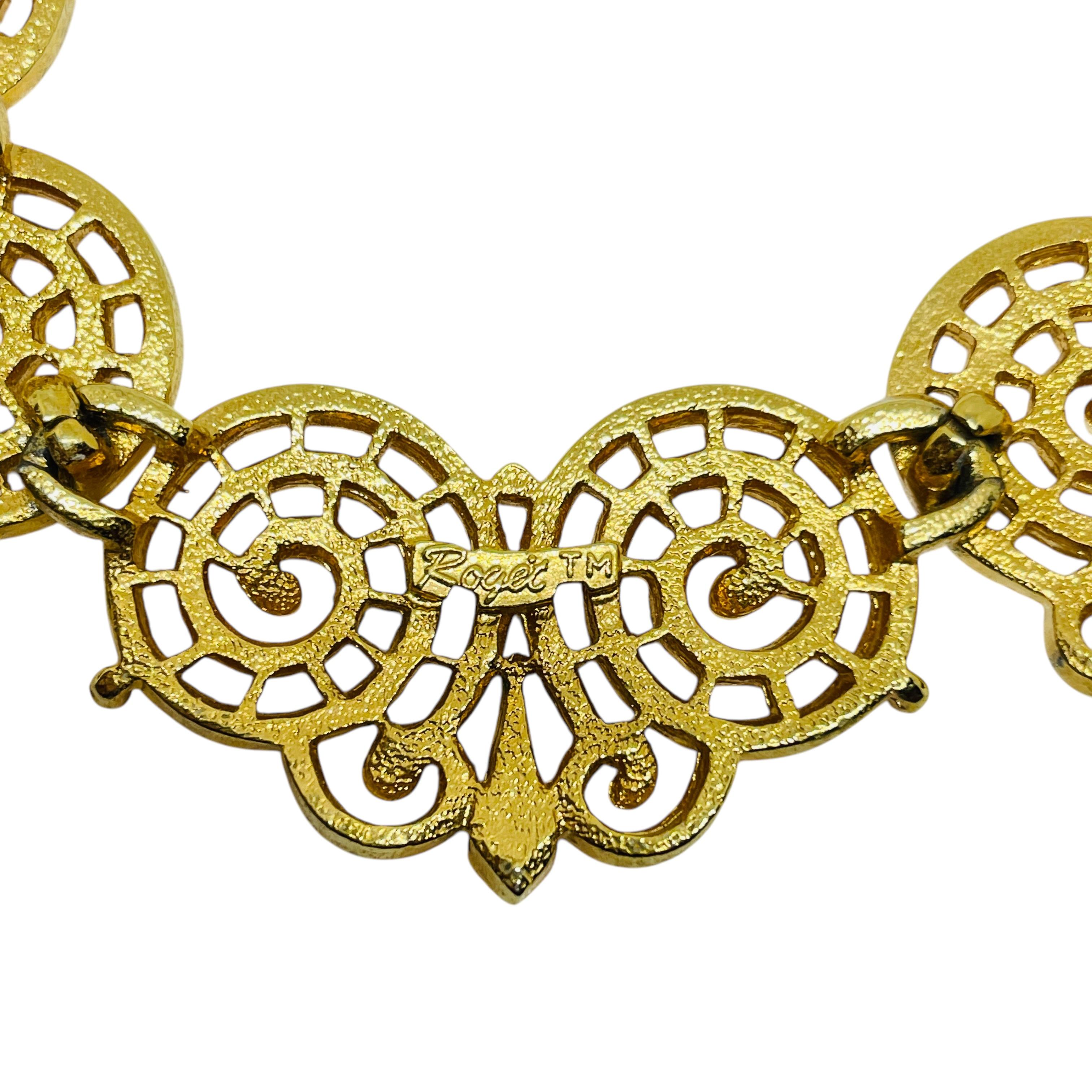 Women's ROGET TM signed vintage gold tone modernist swirl massive choker necklace For Sale