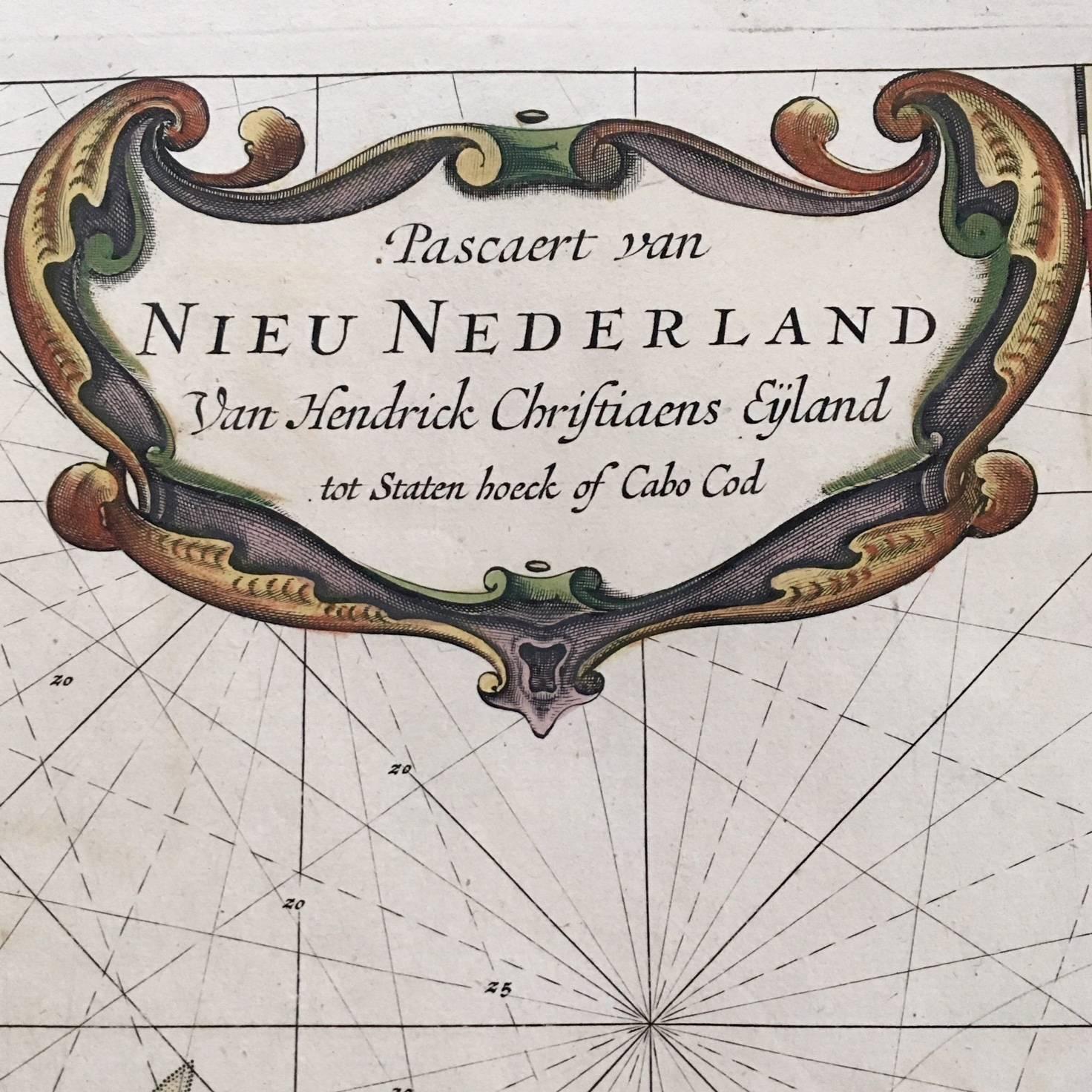 Pascaert van Nieu Nederland Van Hendrick Christiaens Eyland tot Staten hoeck of Cabo Cod, by Arent Roggeveen, published in circa 1675, an extremely rare first edition chart printed on paper with original, period hand coloring, showing Cape Cod,