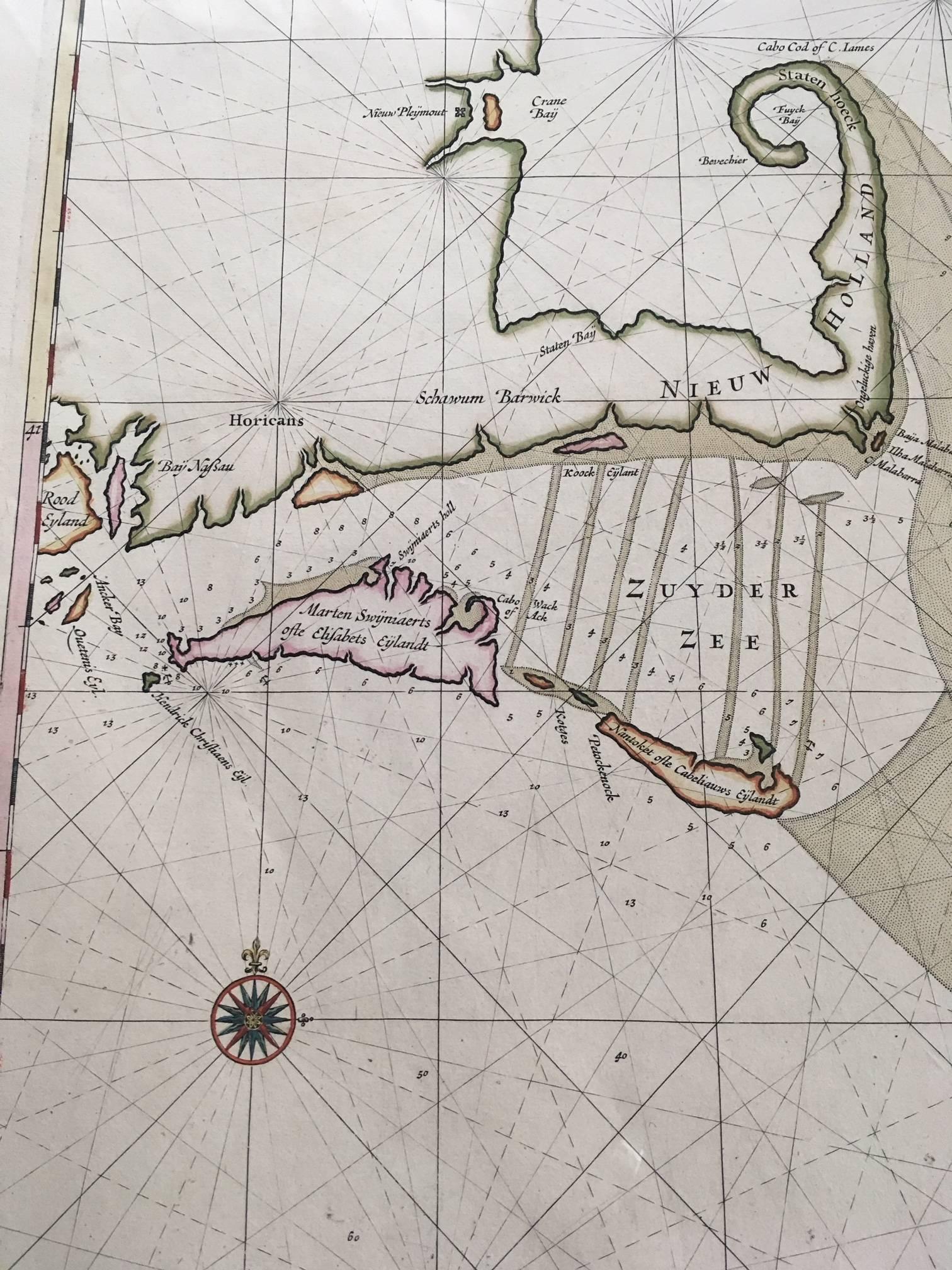 Dutch Roggeveen's Hand Colored Chart of Cape Cod and the Islands, 1675