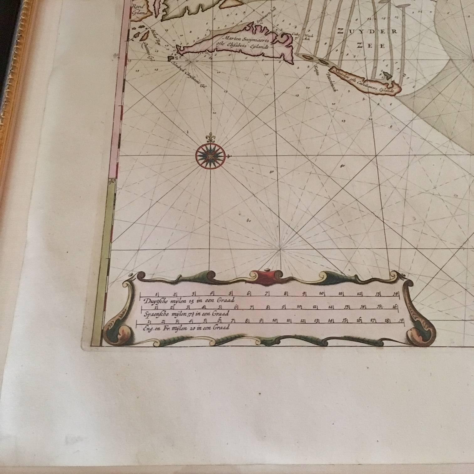 Hand-Painted Roggeveen's Hand Colored Chart of Cape Cod and the Islands, 1675