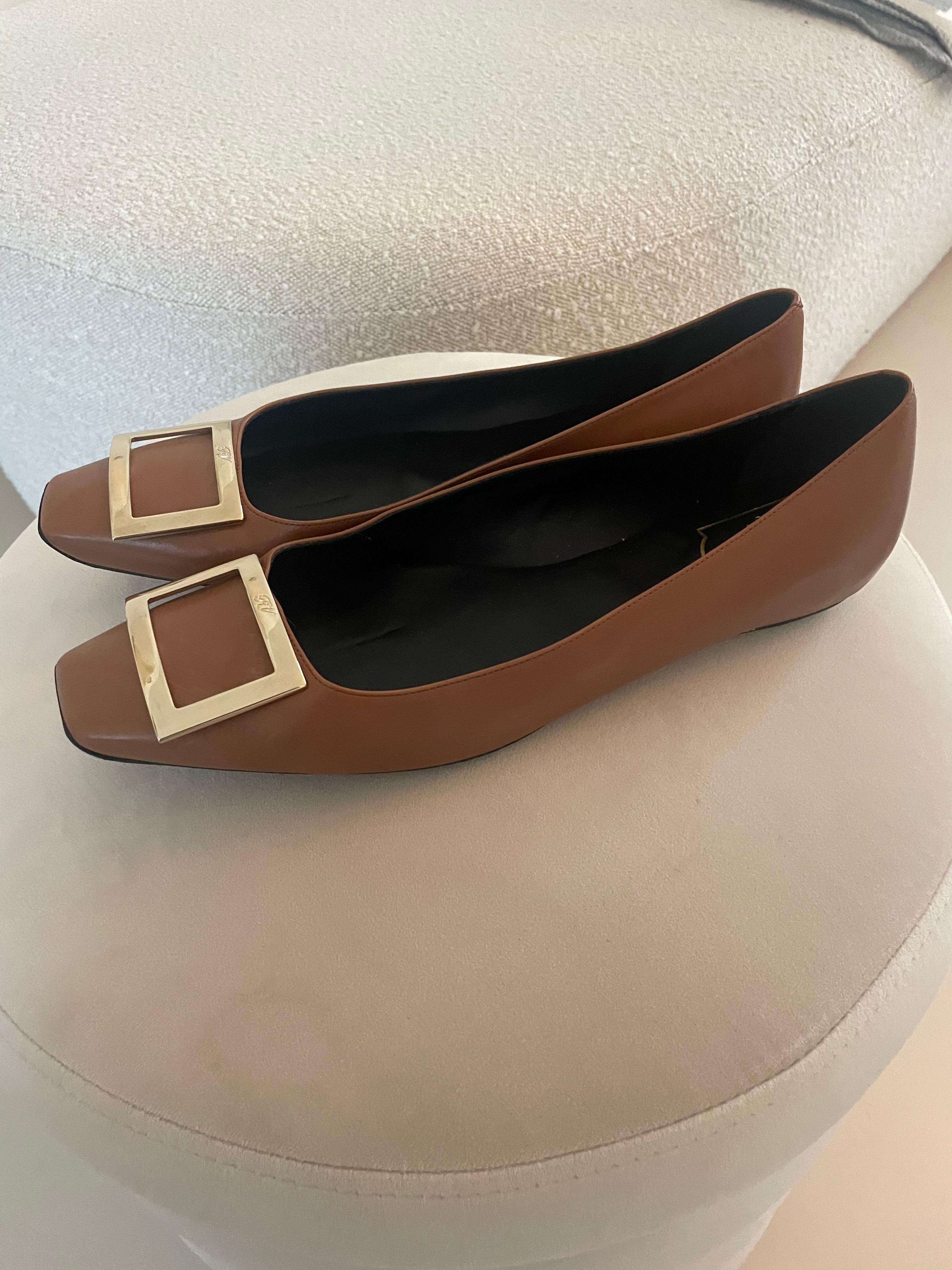 Black Rogier Vivier Trompette Leather Ballet Flats 42 brown