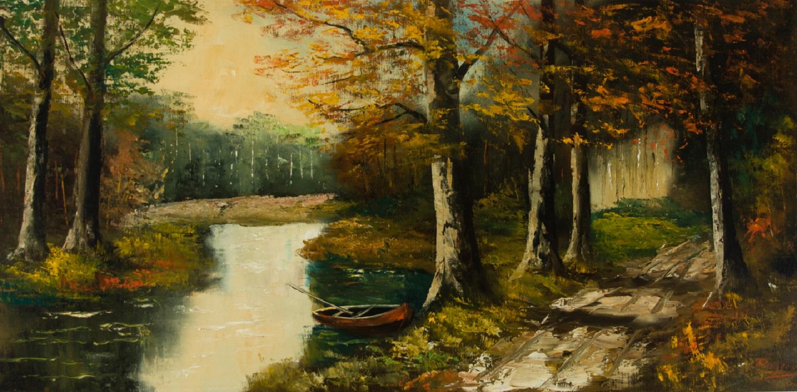 Rogiers - Large Framed Contemporary Oil, Forest River in Autumn 1