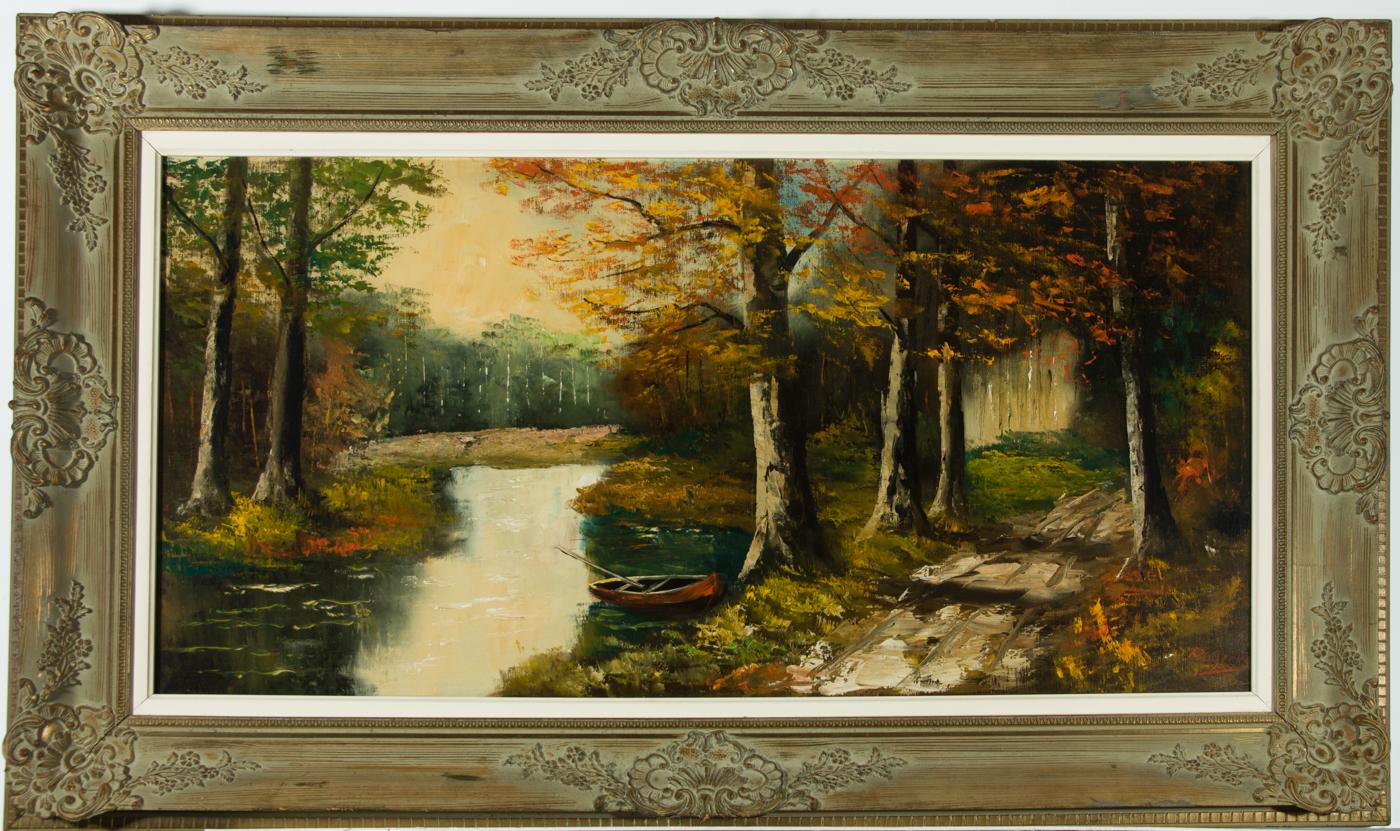 An expressive contemporary oil painting depicting an autumnal forest scene. The artist has created interesting textures and reflections within the water using a palette knife and subtle areas of impasto. Well presented in an ornate gilt effect frame
