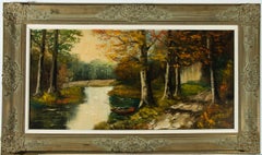 Rogiers - Large Framed Contemporary Oil, Forest River in Autumn