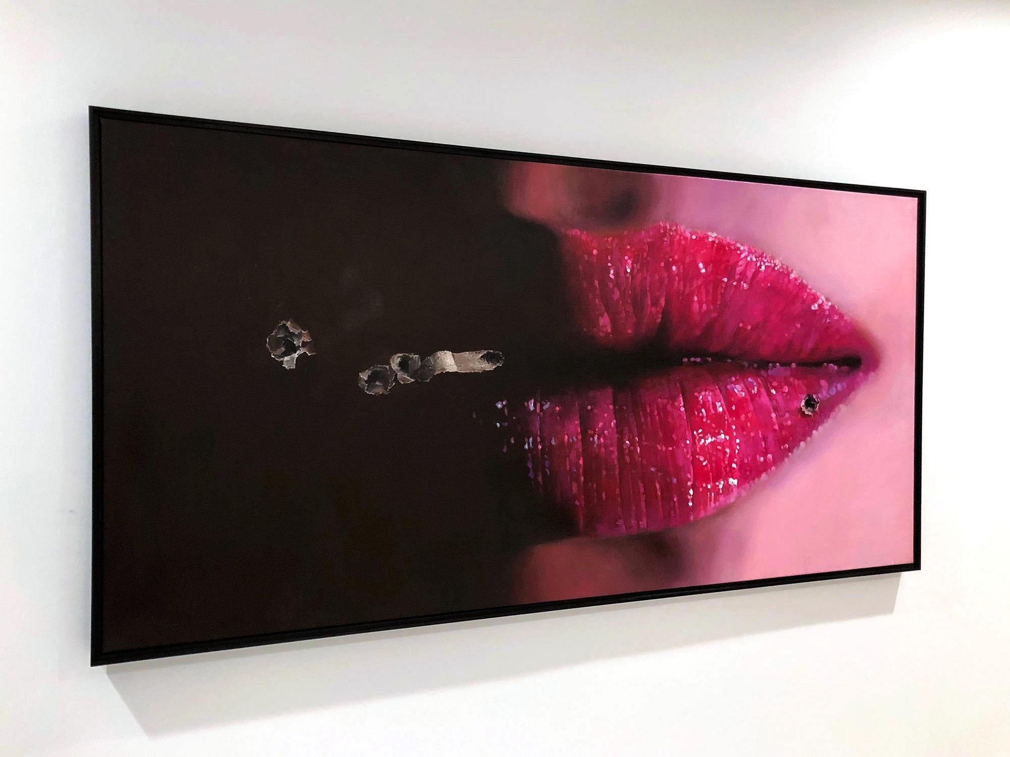 A stunning oil painting depicting a beautiful woman's lips. It is done in a photo realistic style which is executed effortlessly by the artist. The deep pink and contrast of darkness behind the lips invite the viewer to discover the richness and
