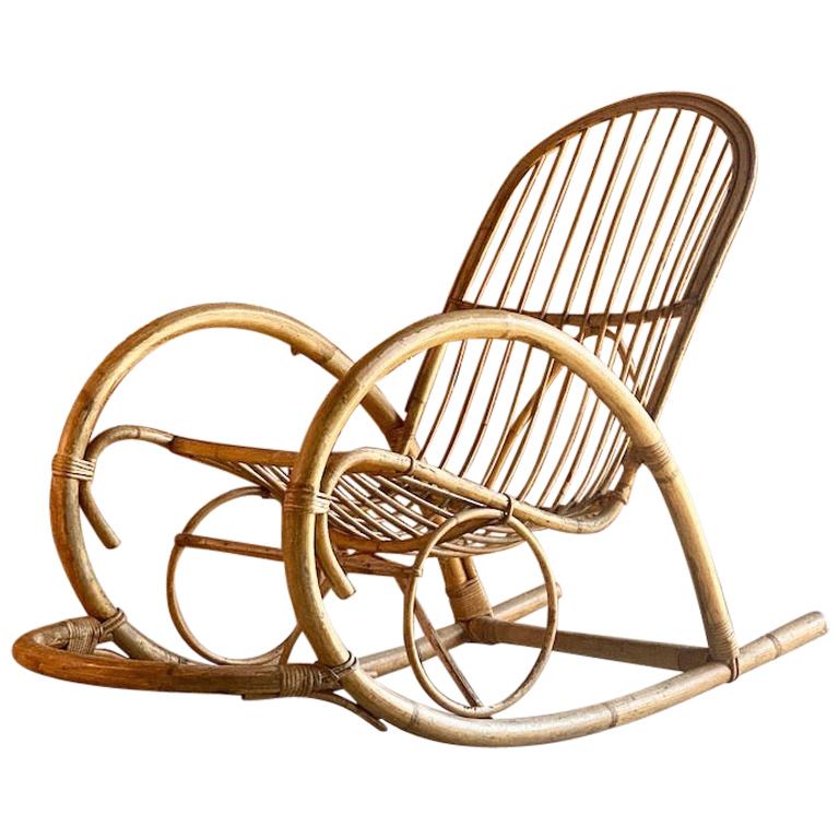 Rohé Noordwolde Bamboo and Rattan Rocking Chair, Netherlands, circa 1950s For Sale
