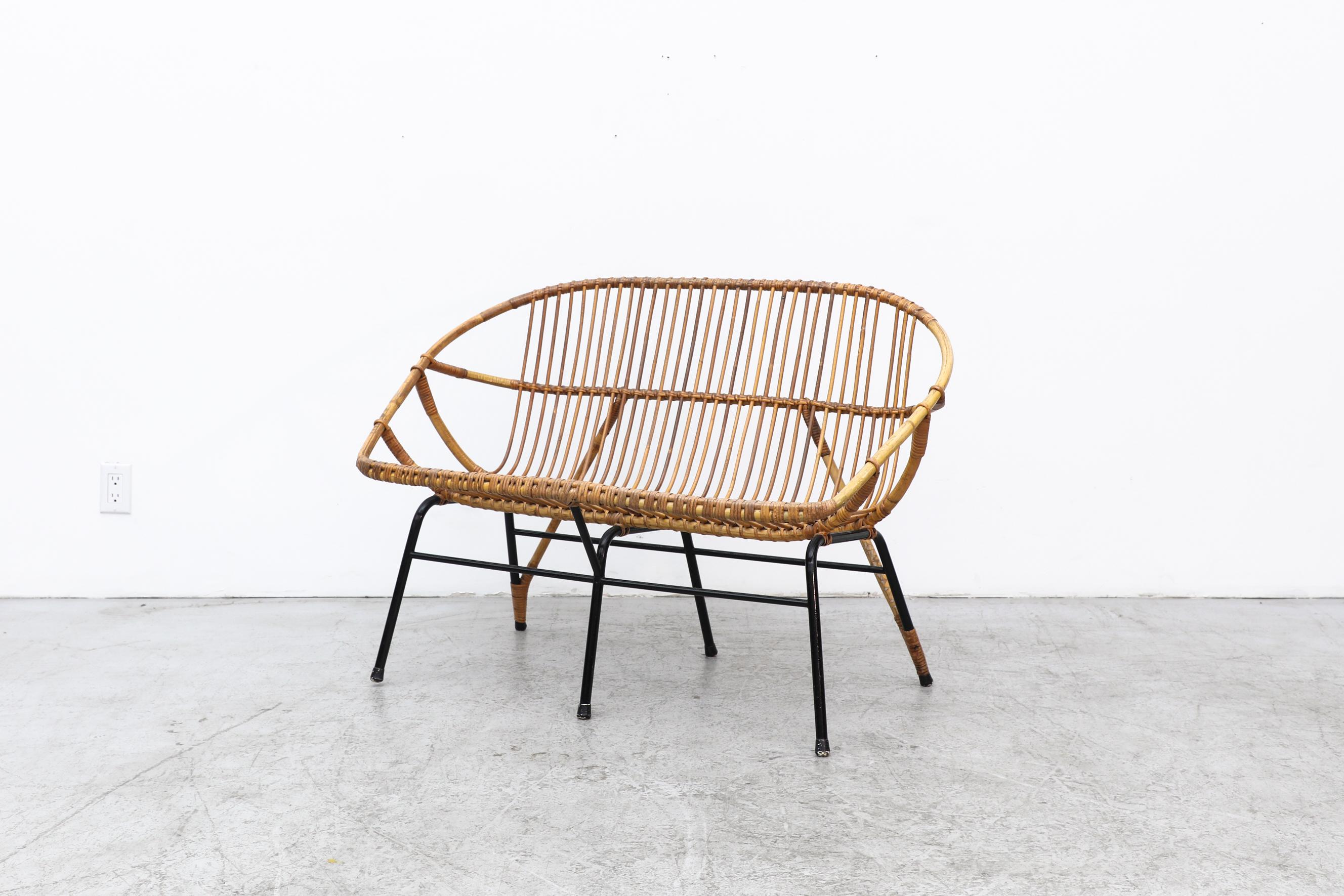 Mid-Century Modern Rohe Noordwolde Bamboo Loveseat with Black Legs and Rattan Wrapped Back Legs For Sale