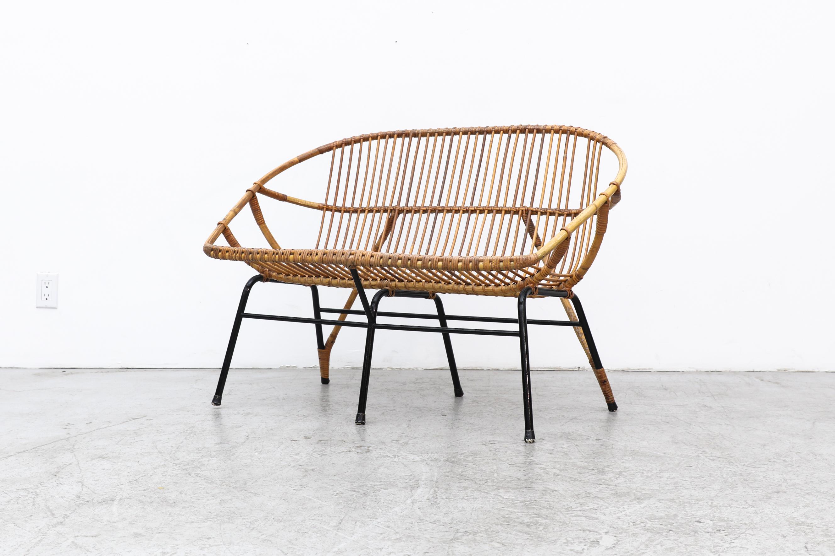 Dutch Rohe Noordwolde Bamboo Loveseat with Black Legs and Rattan Wrapped Back Legs For Sale