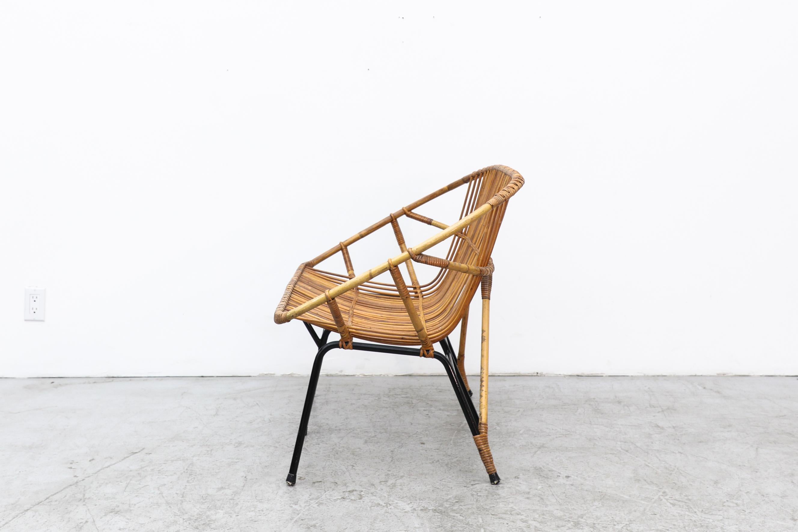 Rohe Noordwolde Bamboo Loveseat with Black Legs and Rattan Wrapped Back Legs In Good Condition For Sale In Los Angeles, CA