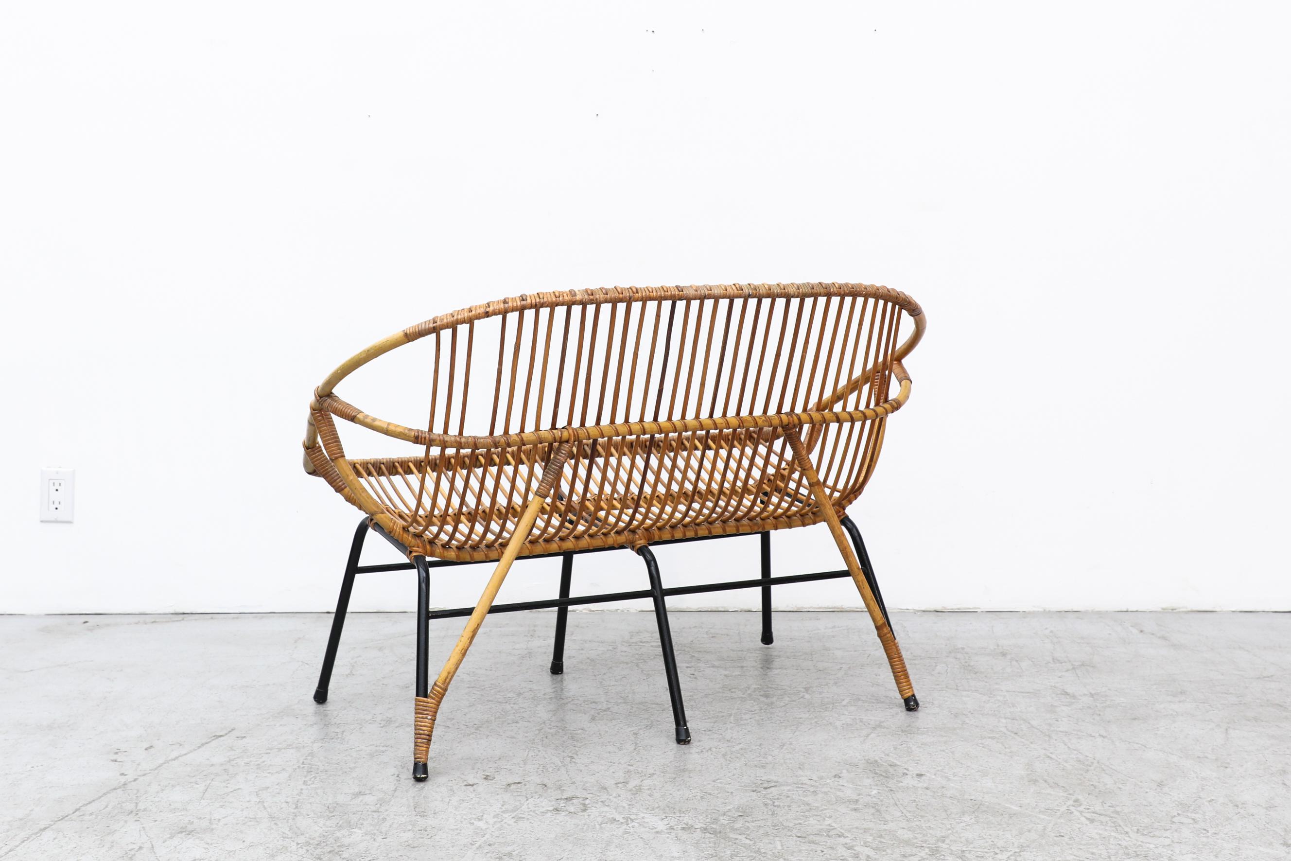 Late 20th Century Rohe Noordwolde Bamboo Loveseat with Black Legs and Rattan Wrapped Back Legs For Sale