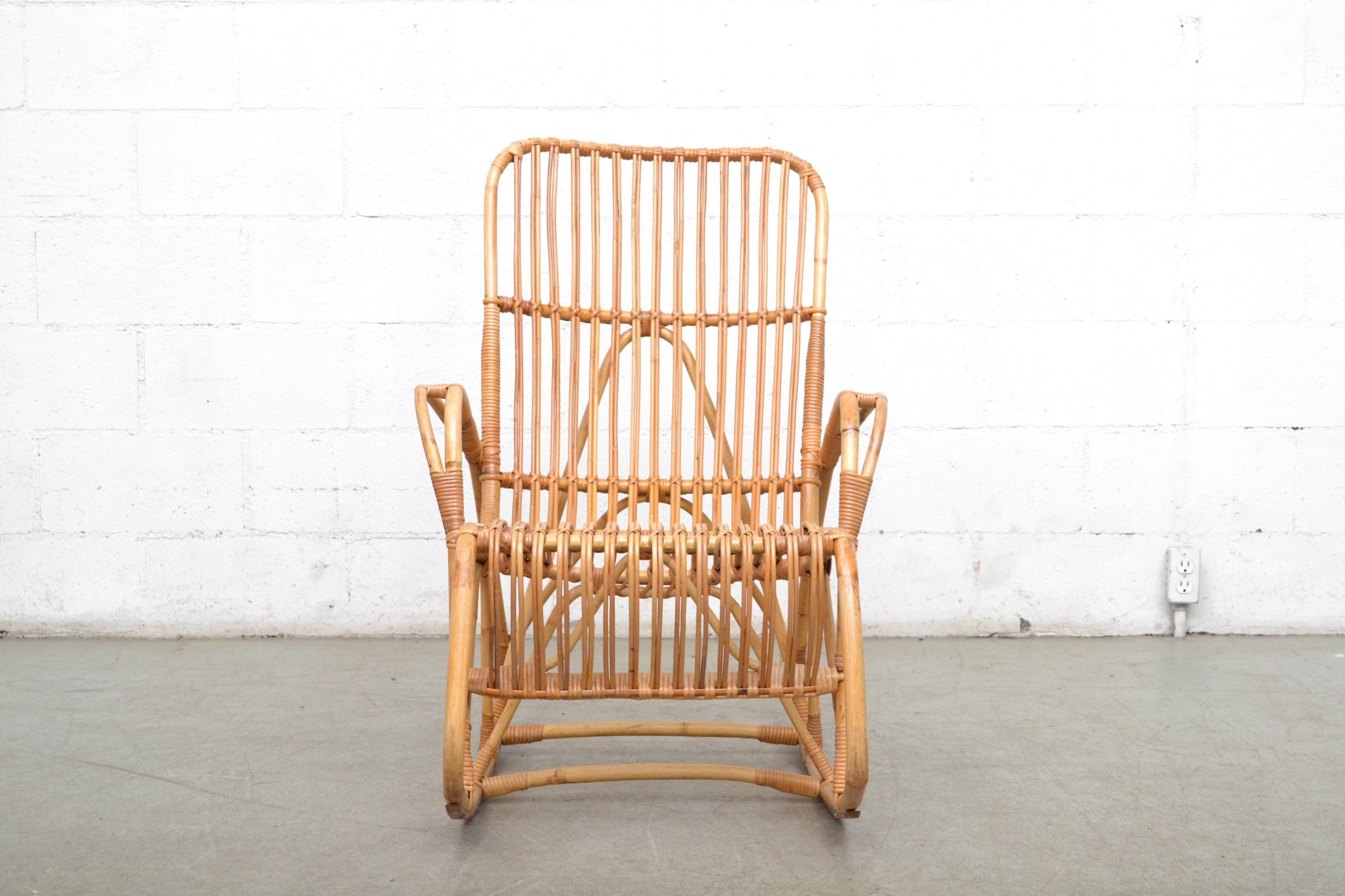 Mid-century high back bamboo rocking chair by Rohe Noordwolde, Holland, 1960s in good original condition with wear consistent with its age and usage. Other similar chairs available and listed separately (LU922411449561)