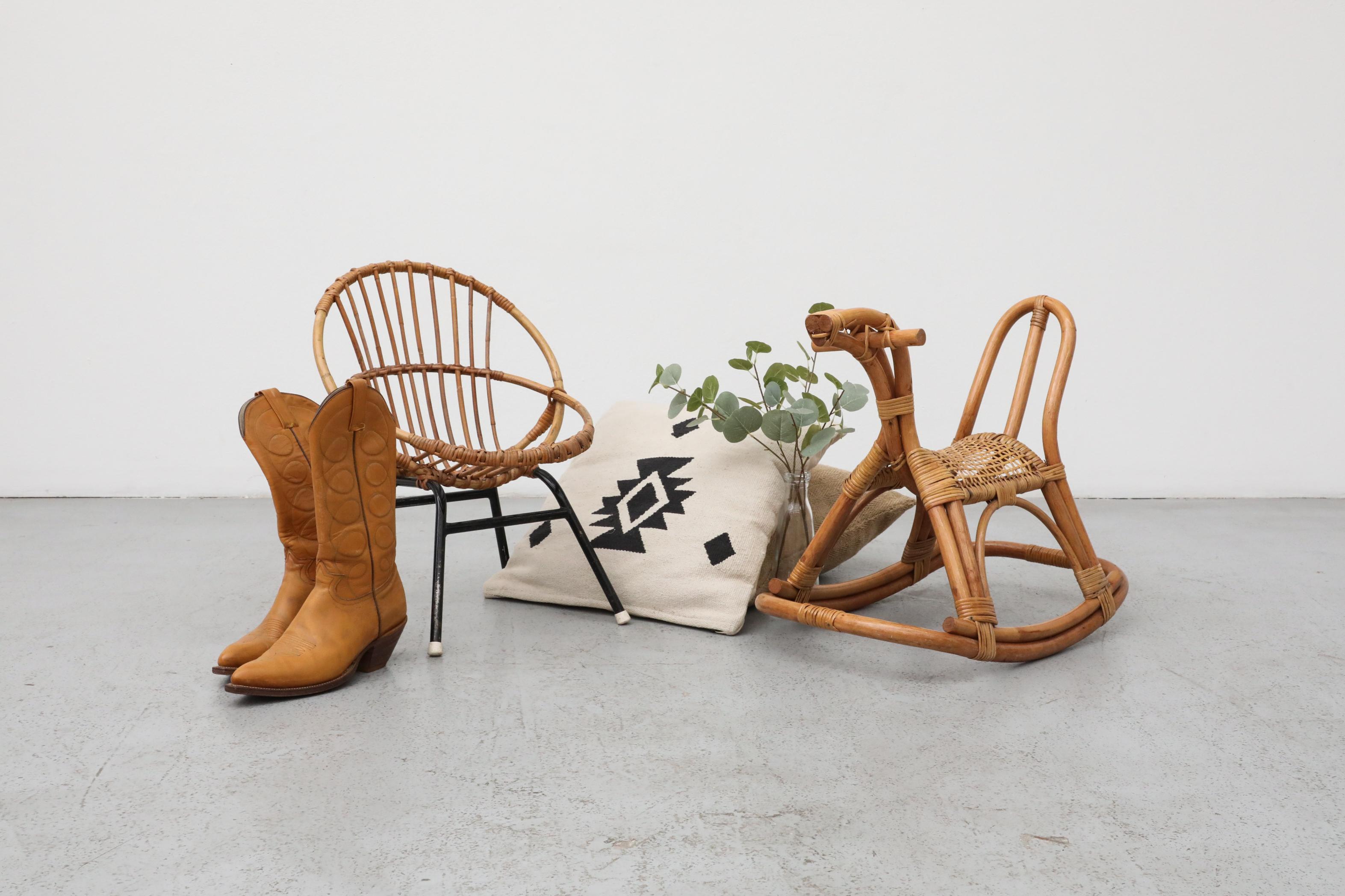 Tiny Rohe Noordwolde 'Model 149' baby bamboo hoop chair. Bamboo seat with rattan wrapping and black enameled metal tubular frame. This cute child's sized hoop chair is a fun, shrunken version of the popular full size hoop chair. In original