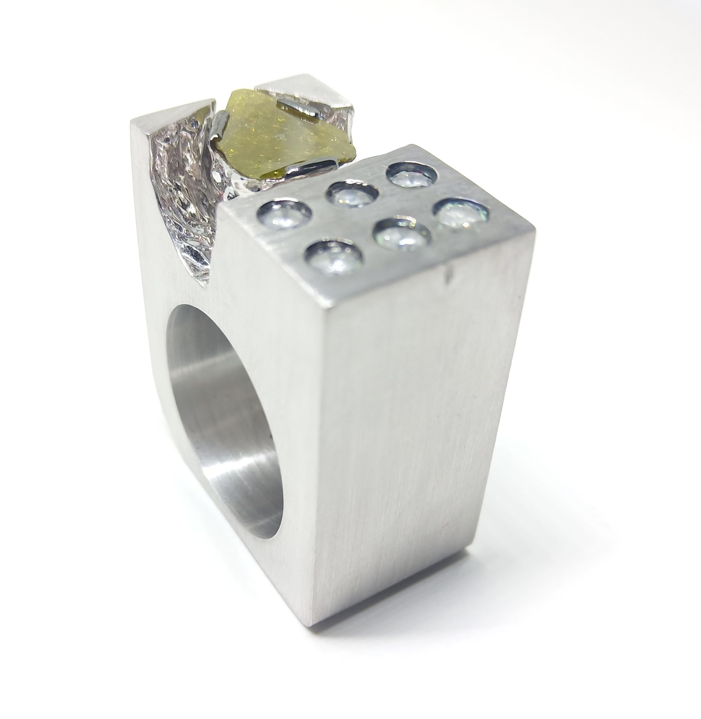 Women's Own Your Rare Self with Green and Grey Diamond One of a Kind White Gold Ring For Sale