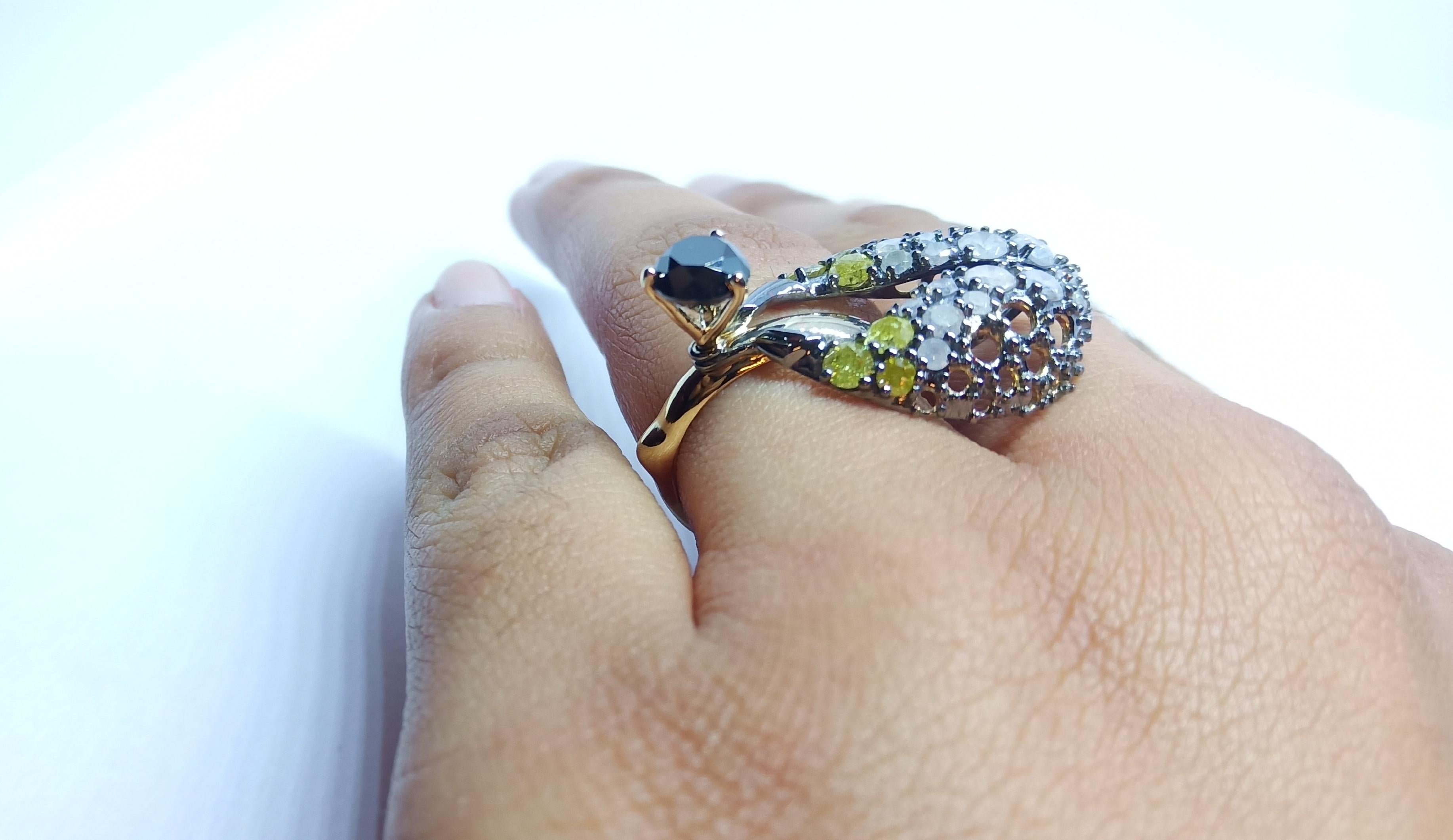 Rohit Jain Black Grey Yellow Diamond One of a Kind 18 Karat Gold Fashion Ring For Sale 7