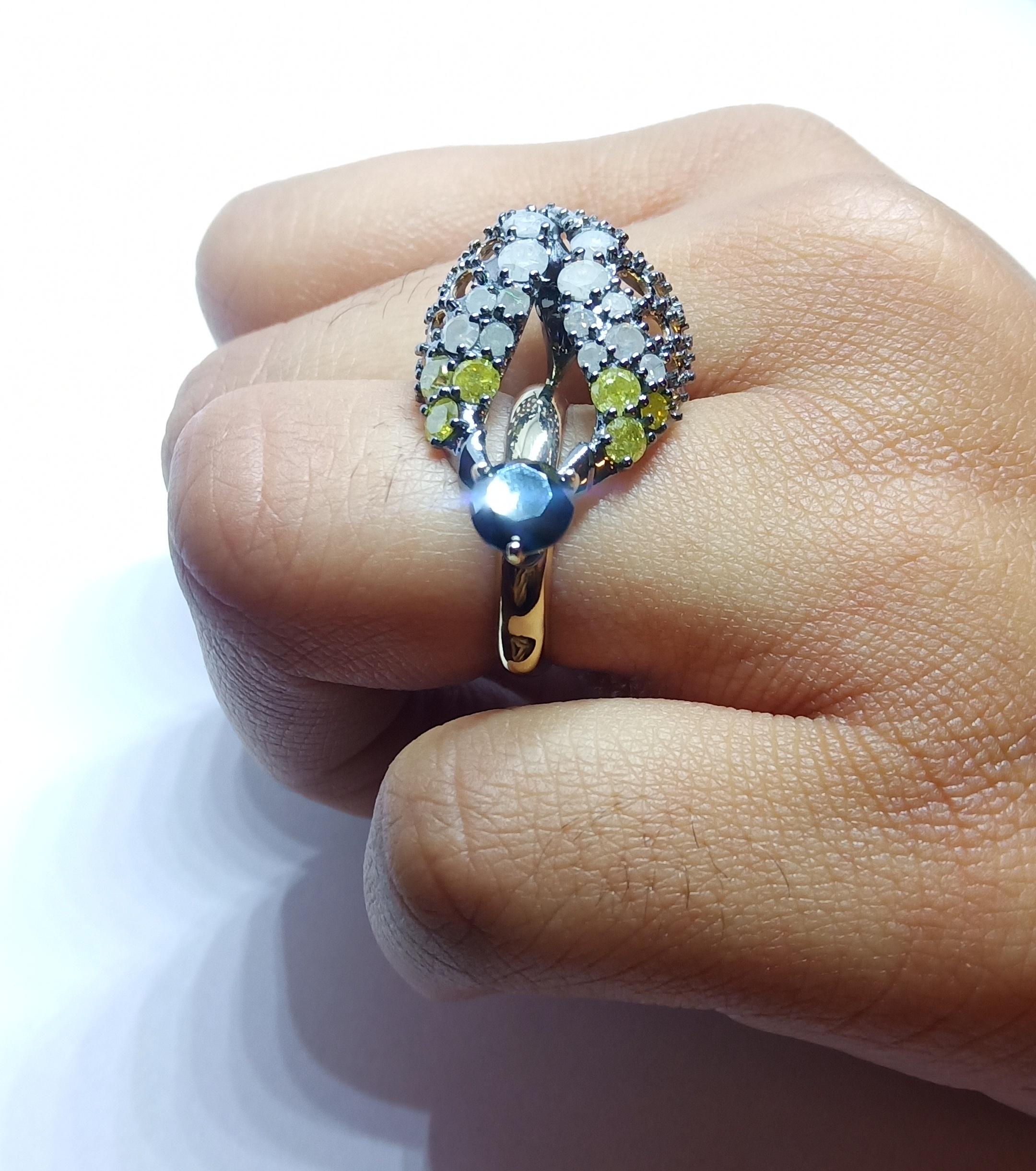 Rohit Jain Black Grey Yellow Diamond One of a Kind 18 Karat Gold Fashion Ring For Sale 8