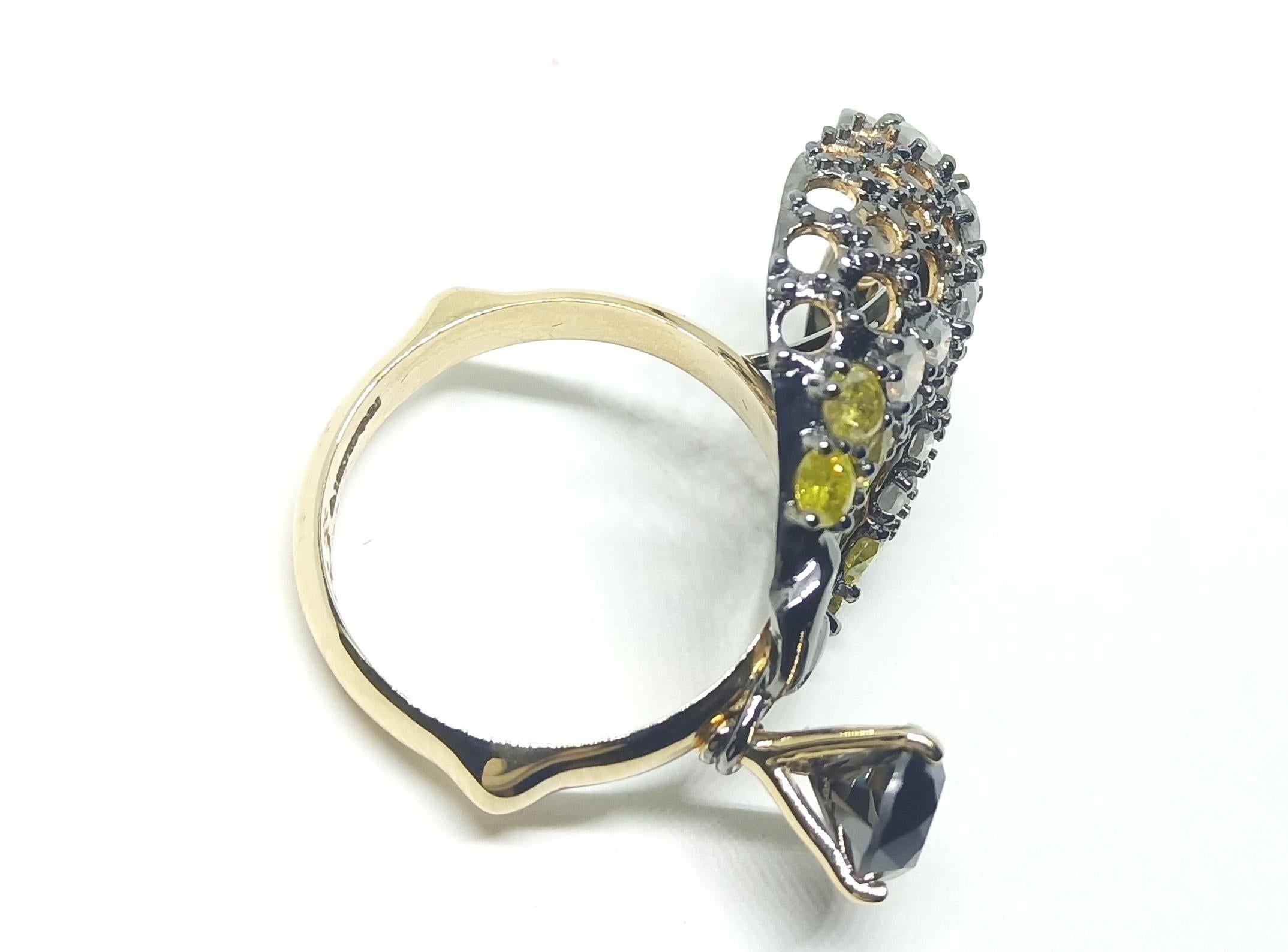 Women's Rohit Jain Black Grey Yellow Diamond One of a Kind 18 Karat Gold Fashion Ring For Sale