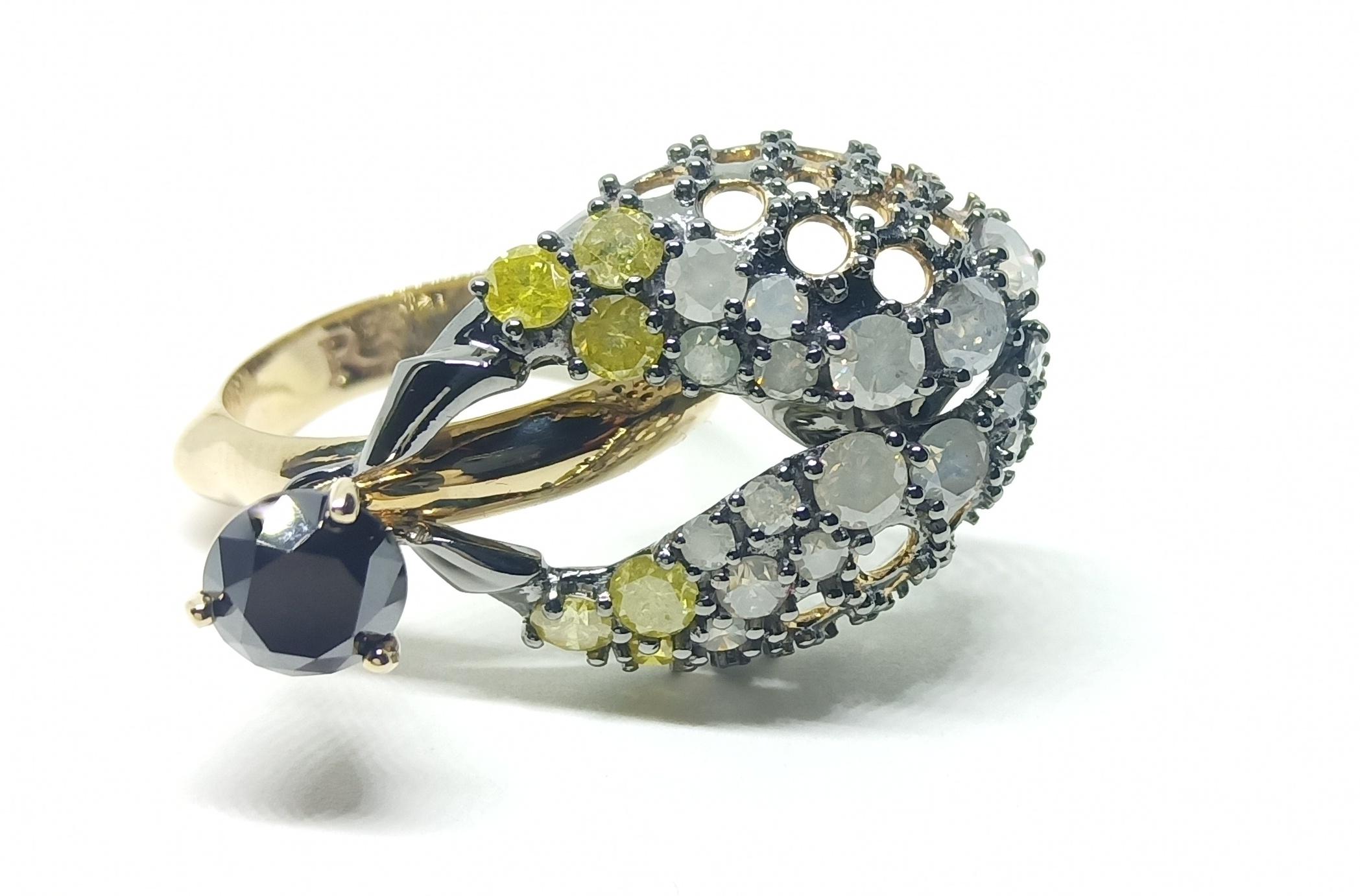 Rohit Jain Black Grey Yellow Diamond One of a Kind 18 Karat Gold Fashion Ring For Sale 1