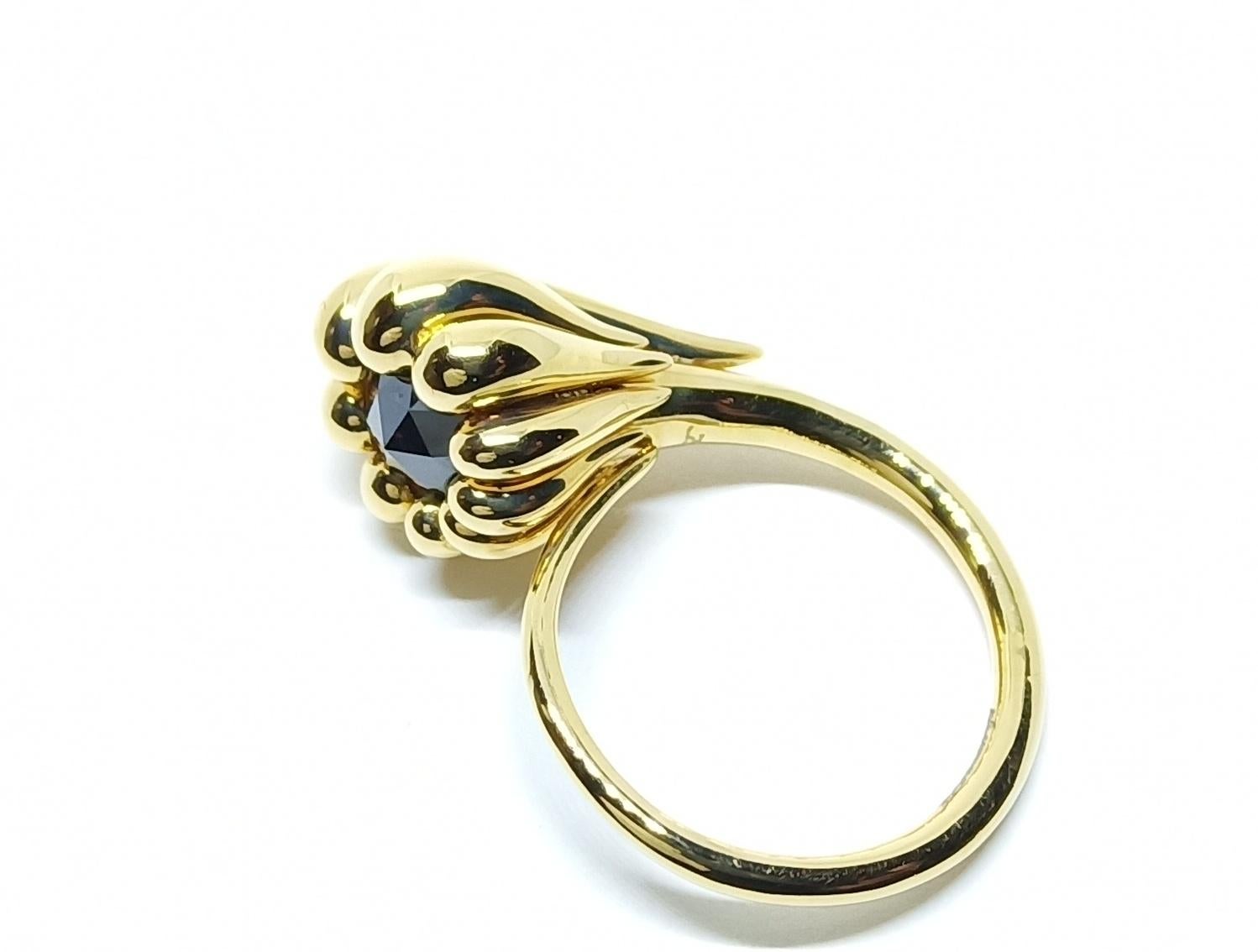 Contemporary One of a Kind 18 Karat Yellow Gold Ring with Black Rose Cut Diamond For Sale