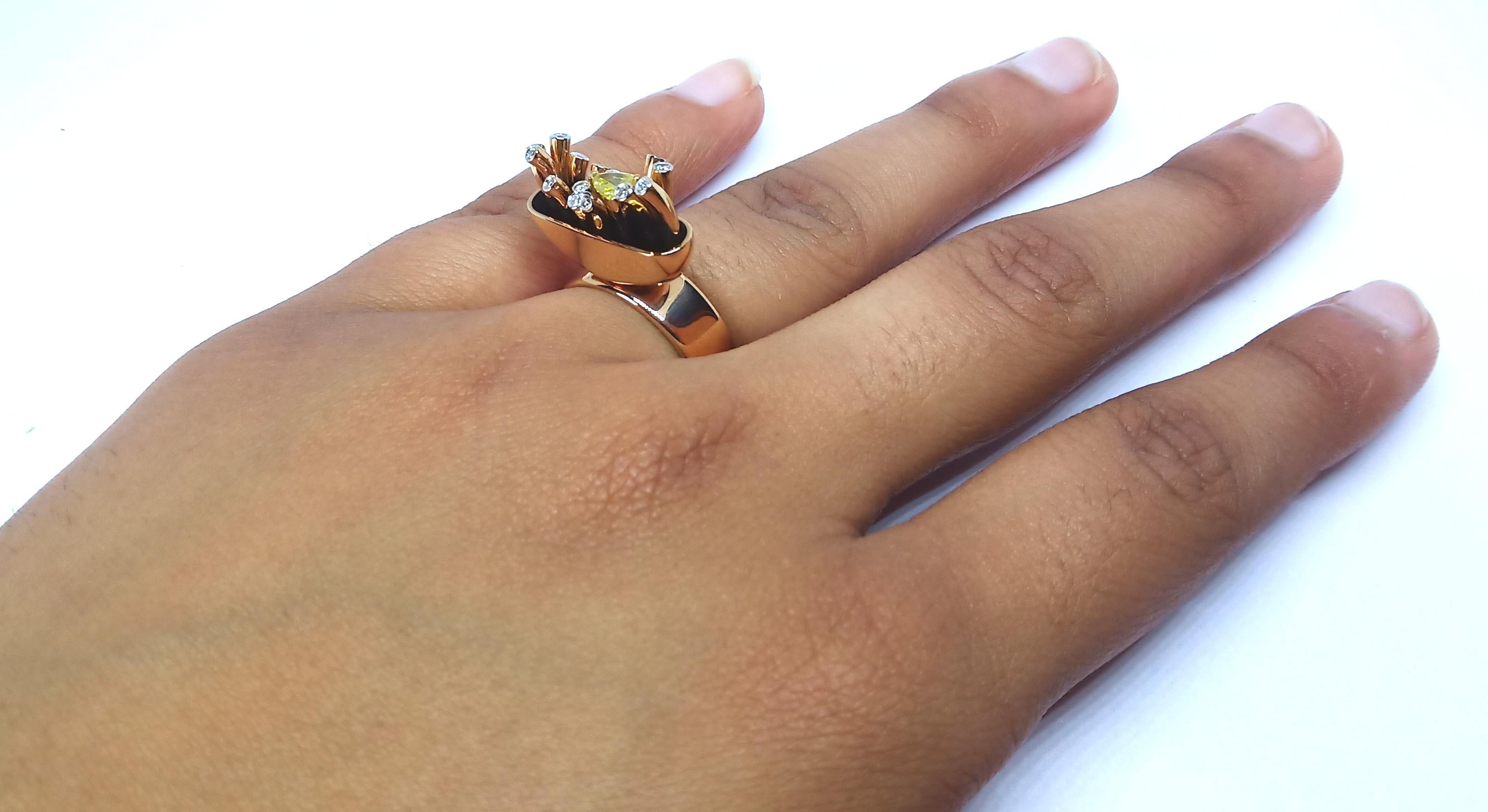 One of a Kind Pear Shaped Yellow and Round White Diamond Rose Gold Ring For Sale 6