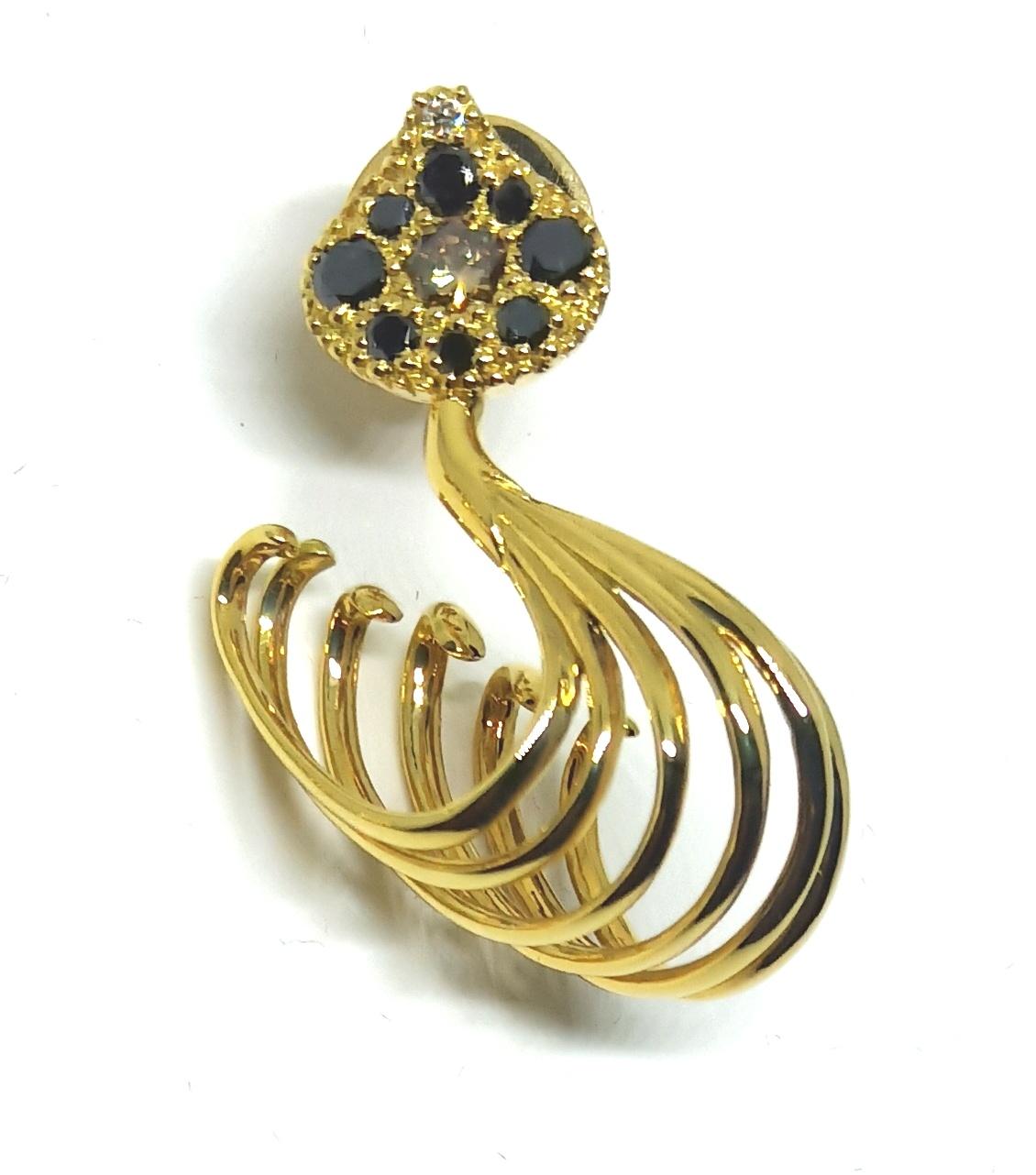 Contemporary One of a Kind Round Black, White and Brown Diamond Gold Earrings For Sale