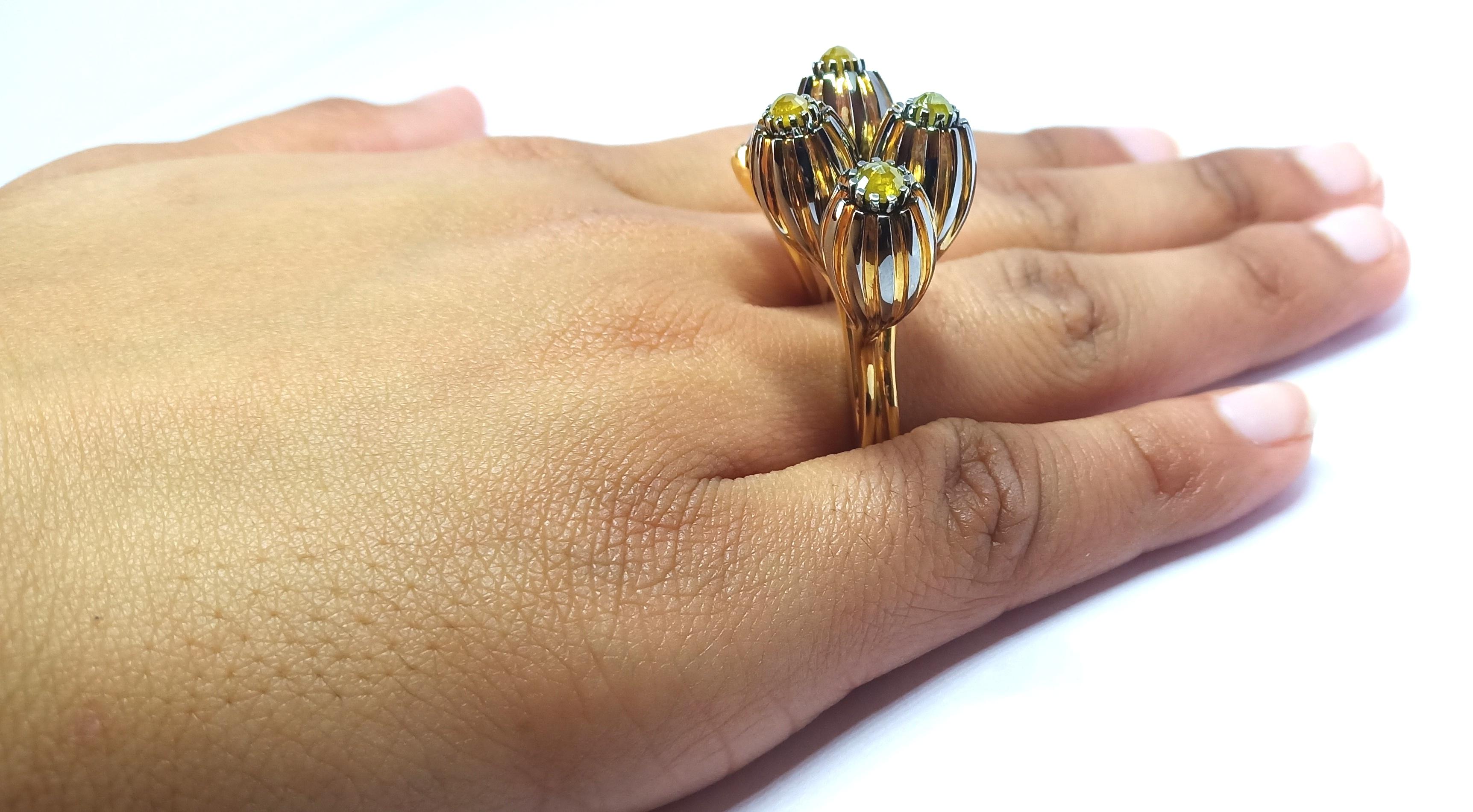 One of a Kind Yellow Black Rose Cut Diamond Yellow Gold Cocktail Ring For Sale 10