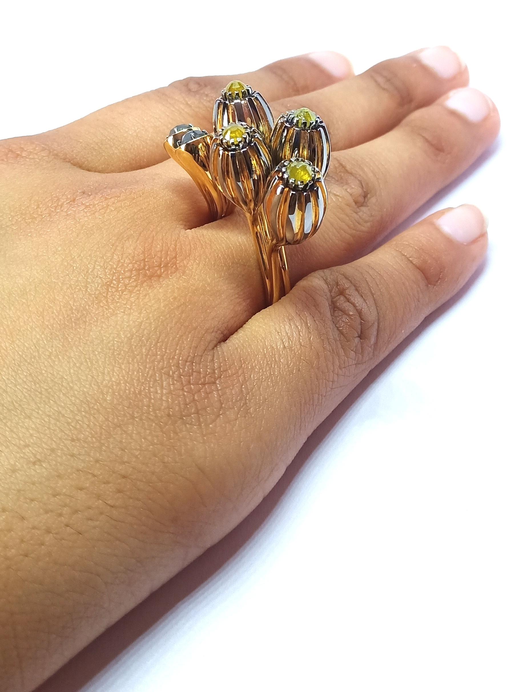 One of a Kind Yellow Black Rose Cut Diamond Yellow Gold Cocktail Ring For Sale 11