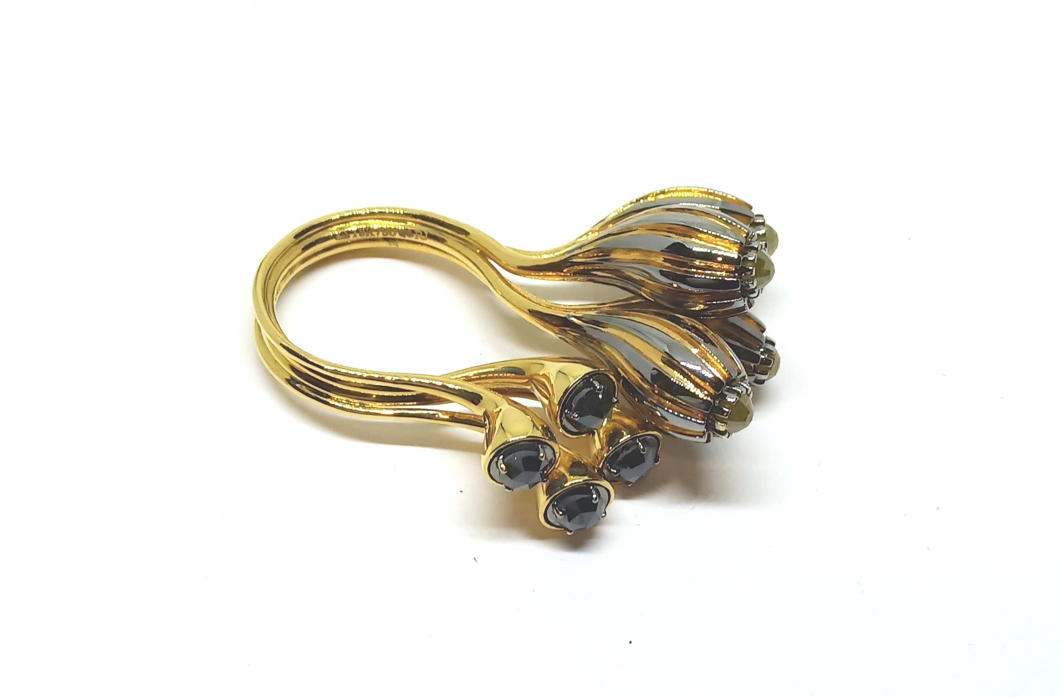 Contemporary One of a Kind Yellow Black Rose Cut Diamond Yellow Gold Cocktail Ring For Sale