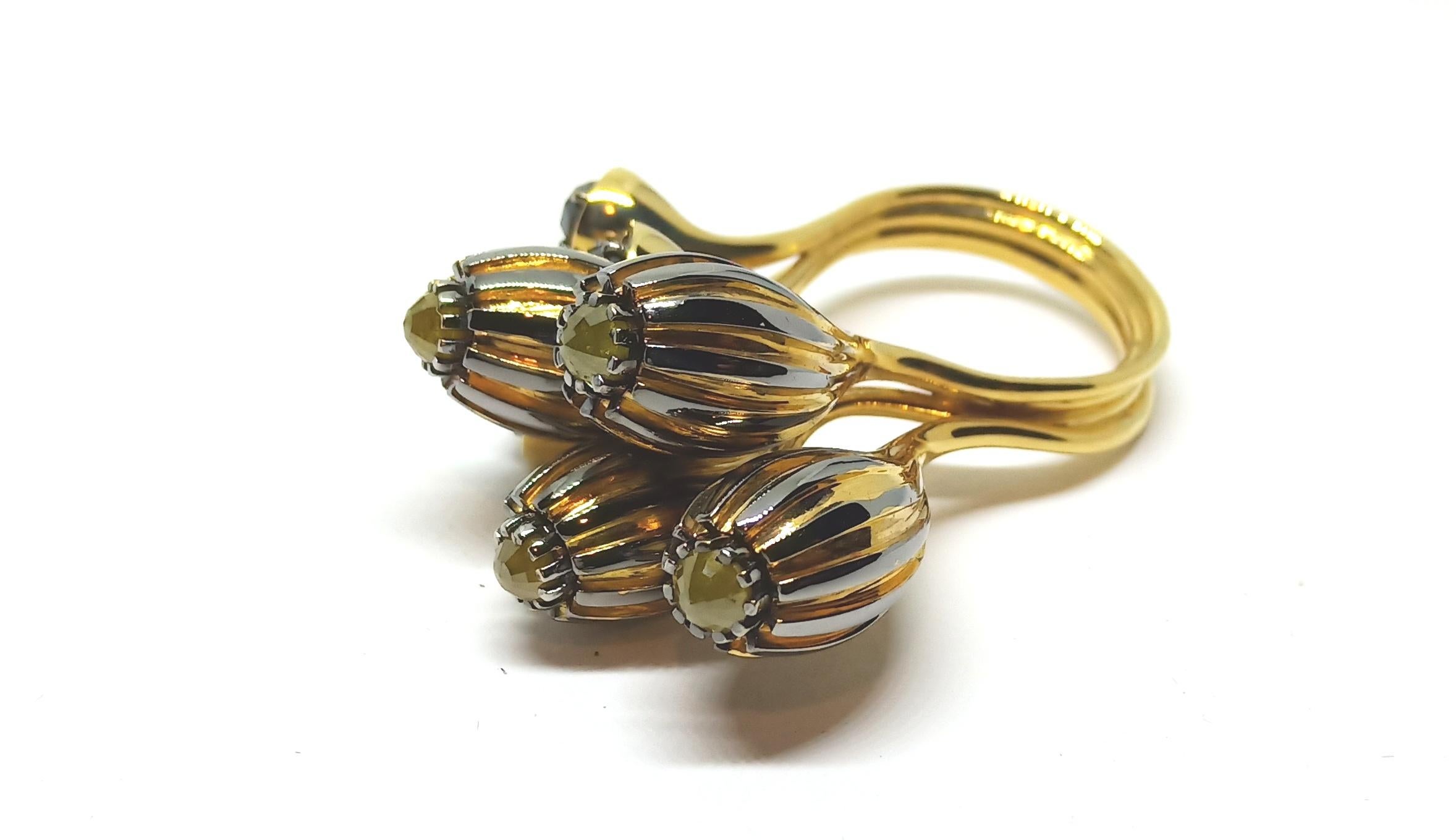 One of a Kind Yellow Black Rose Cut Diamond Yellow Gold Cocktail Ring For Sale 1